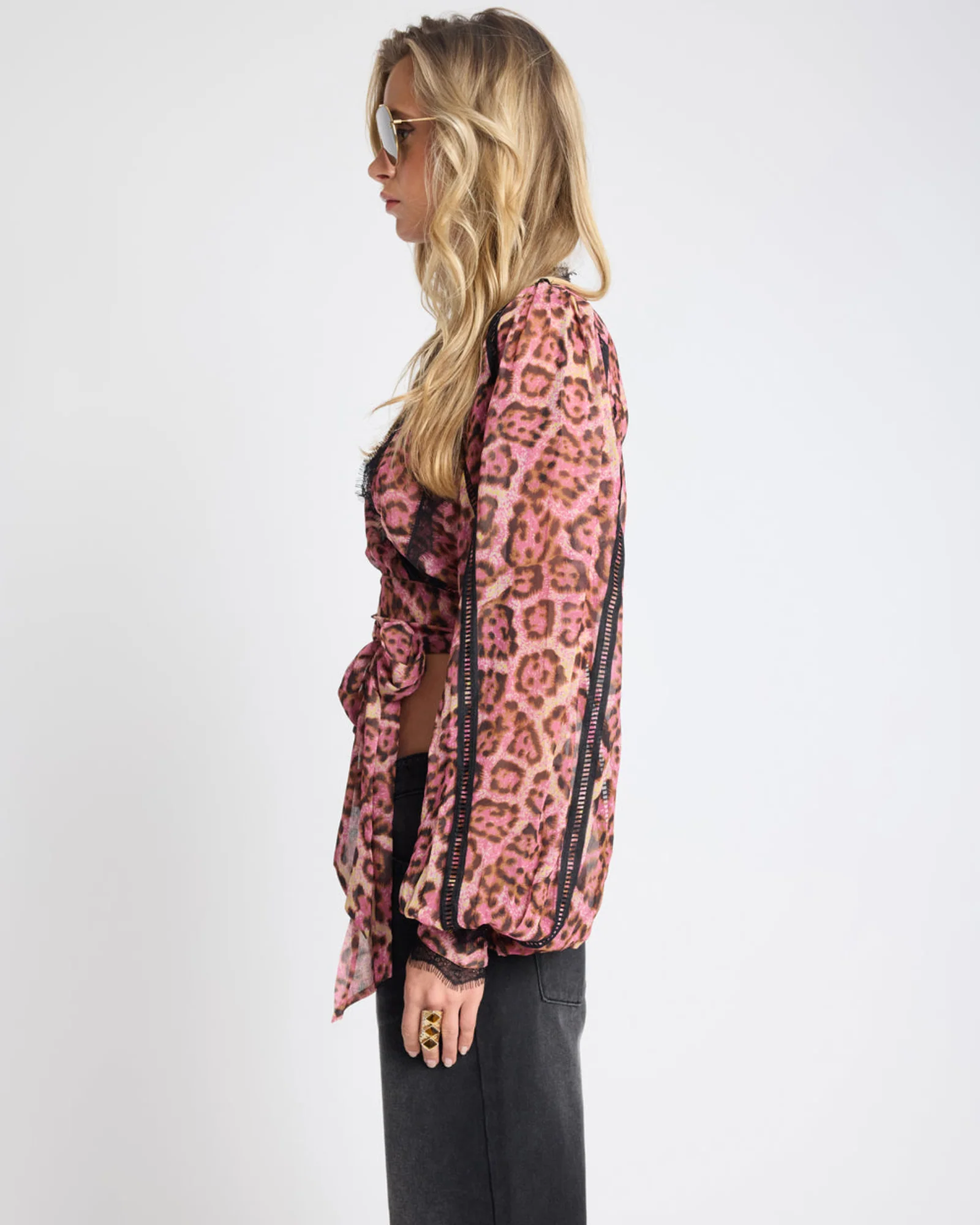 Songbird Sheer Balloon Sleeve Tie-Up Blouse - Pink Leopard - Image 3