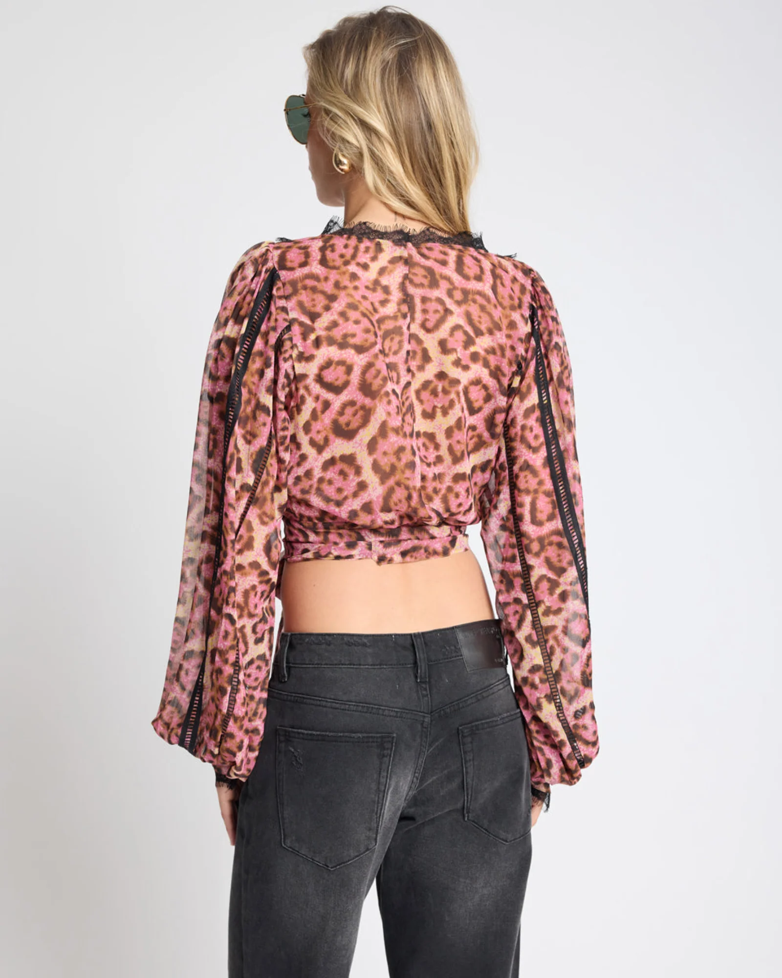 Songbird Sheer Balloon Sleeve Tie-Up Blouse - Pink Leopard - Image 4