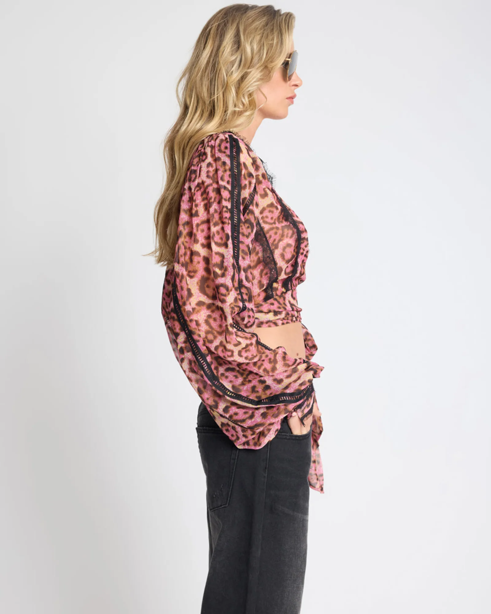 Songbird Sheer Balloon Sleeve Tie-Up Blouse - Pink Leopard - Image 5