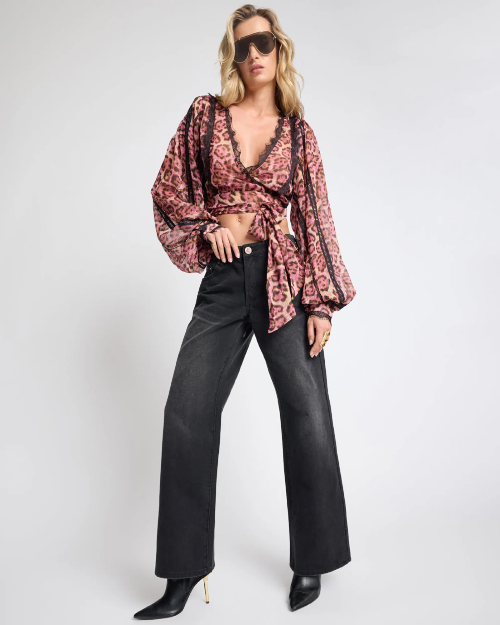 Songbird Sheer Balloon Sleeve Tie-Up Blouse - Pink Leopard - Image 7