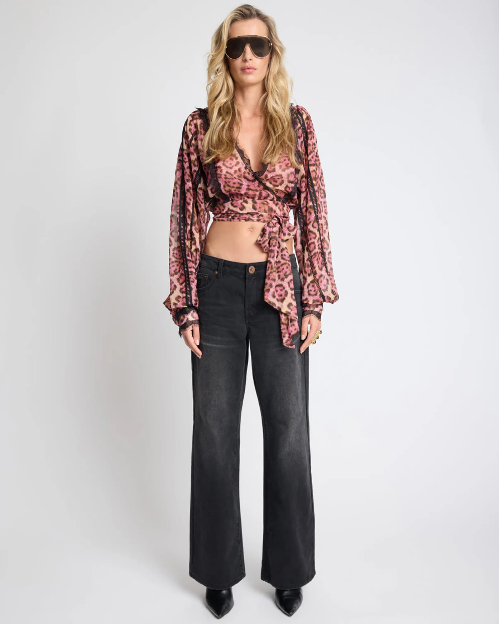 Songbird Sheer Balloon Sleeve Tie-Up Blouse - Pink Leopard - Image 8