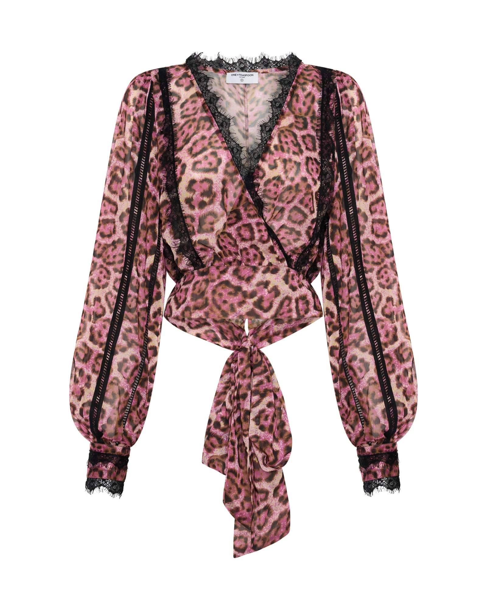 Songbird Sheer Balloon Sleeve Tie-Up Blouse - Pink Leopard - Image 9