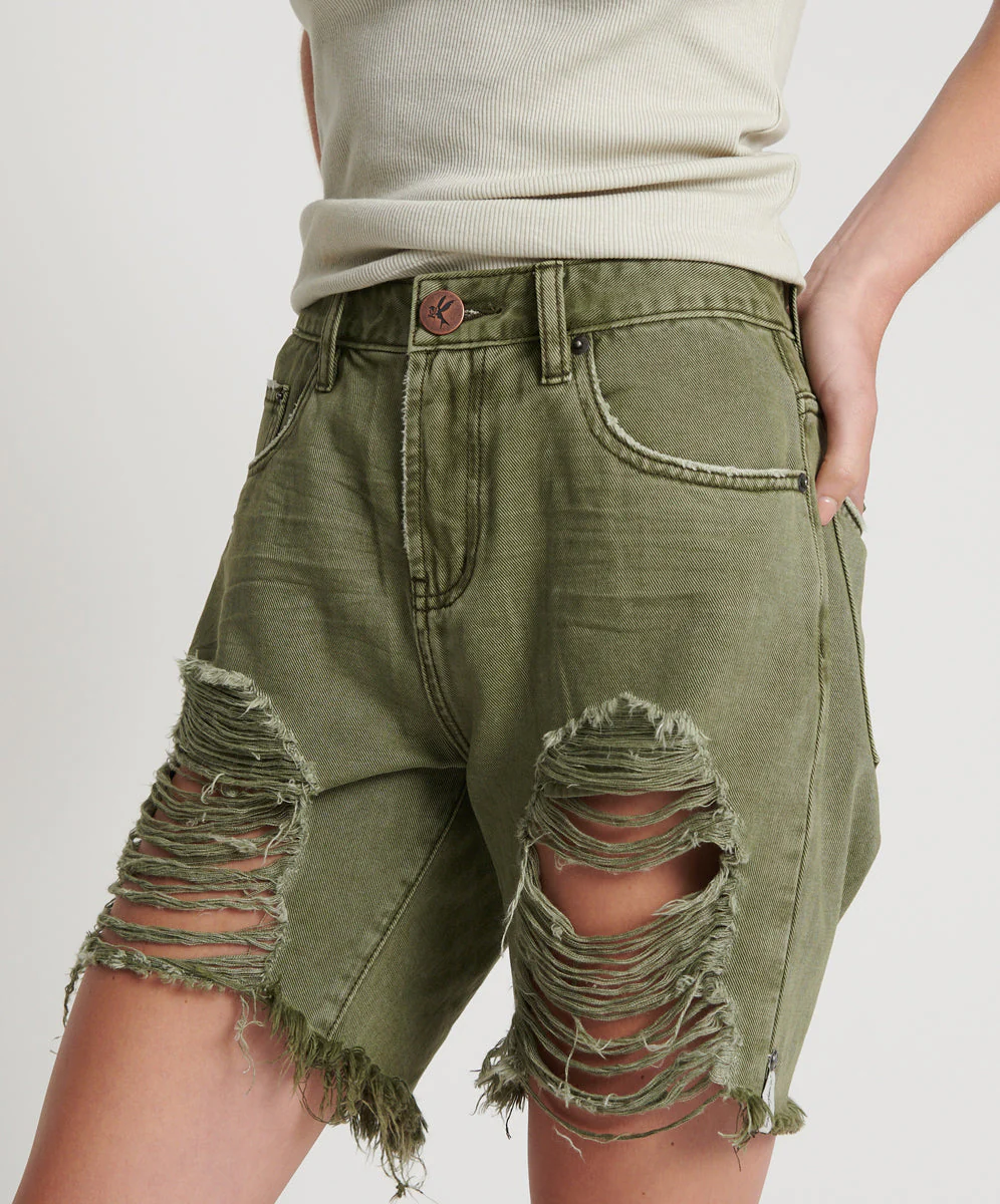 Stevies High Waist Long Length Boyfriend Denim Shorts - St Khaki - Image 3