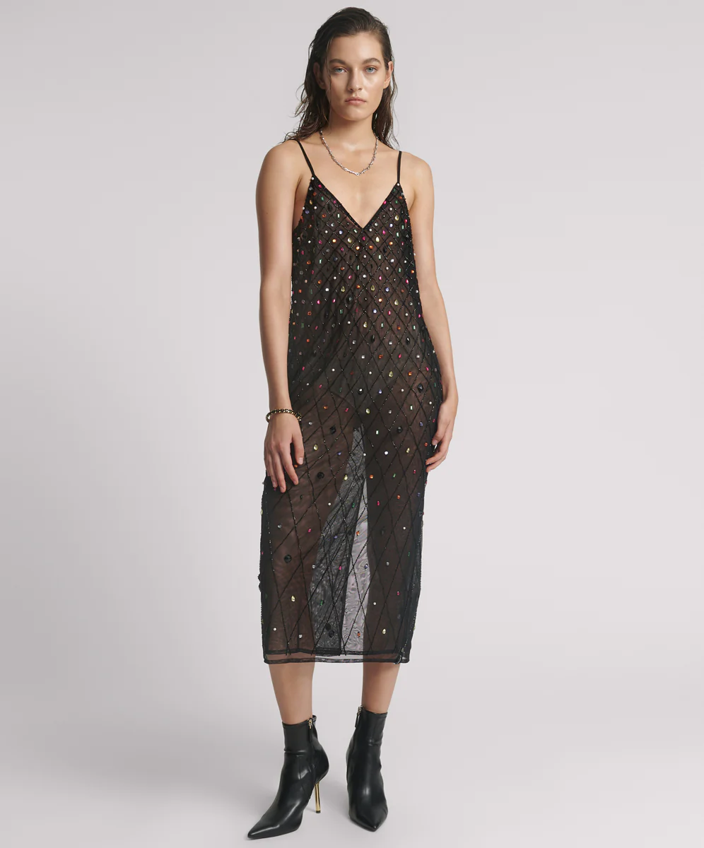 Stellar Jewel Hand Beaded Slip Midi Dress - Black