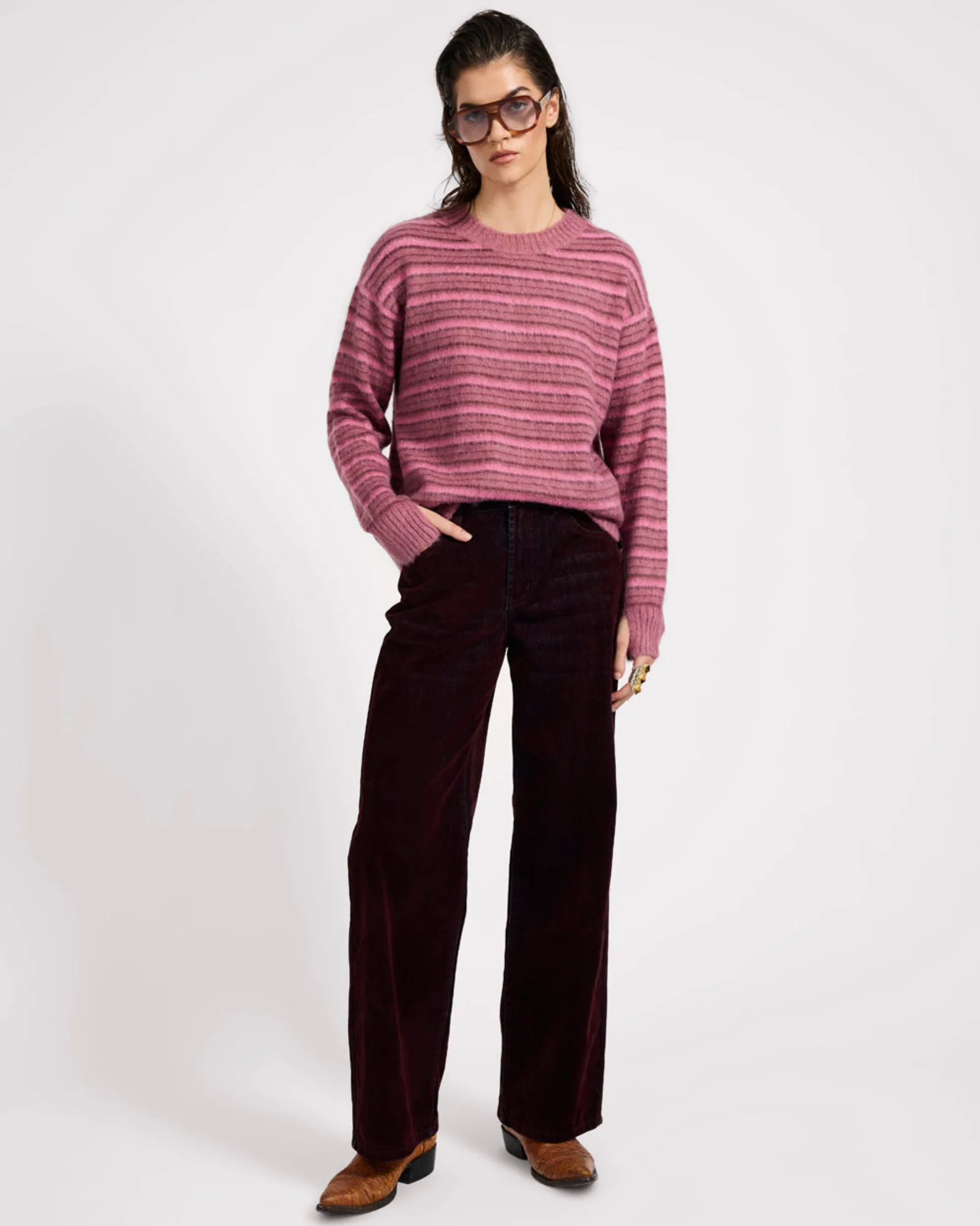 Striped Fluffy Mohair Knit Sweater - Pink Stripe - Image 2