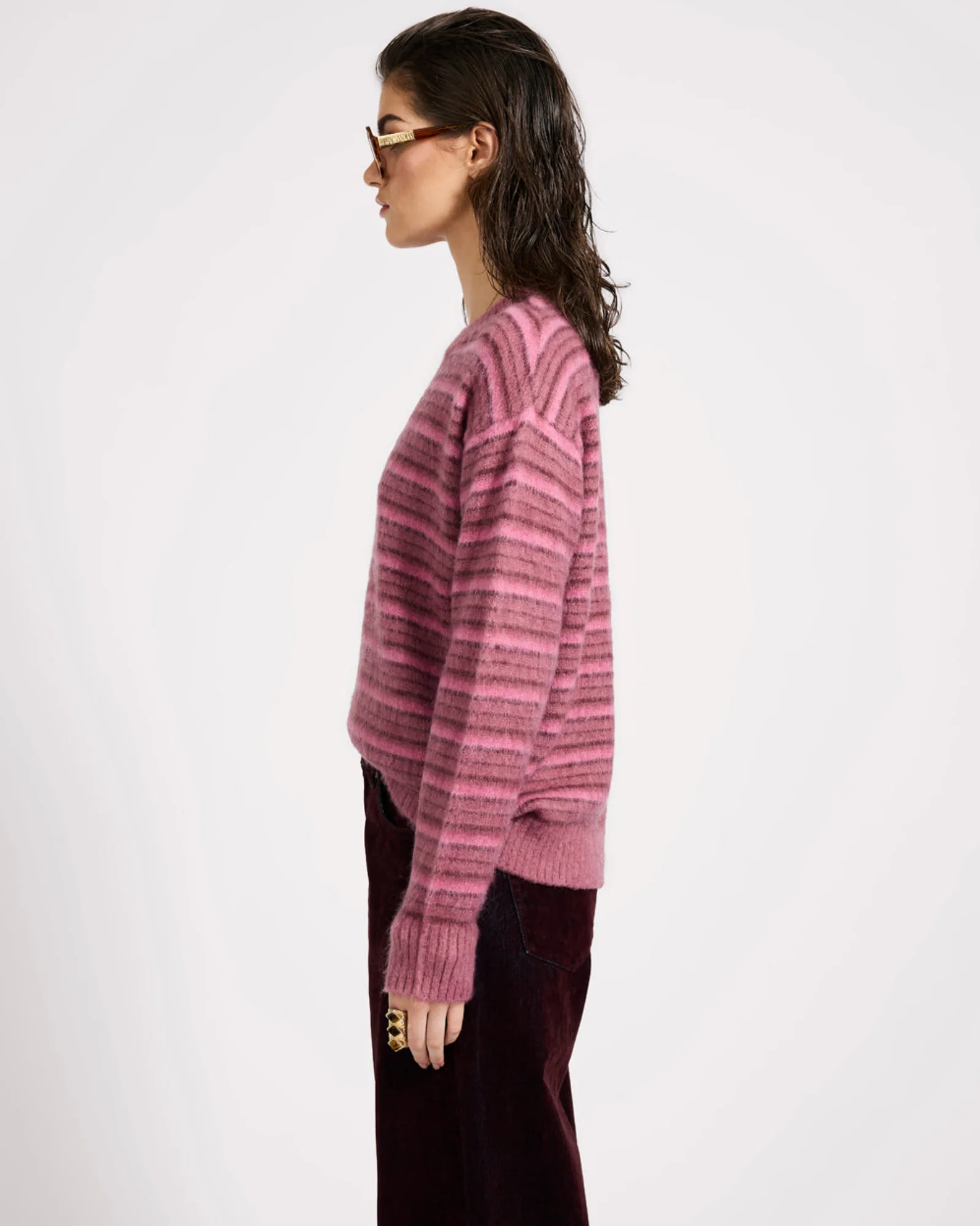 Striped Fluffy Mohair Knit Sweater - Pink Stripe - Image 4