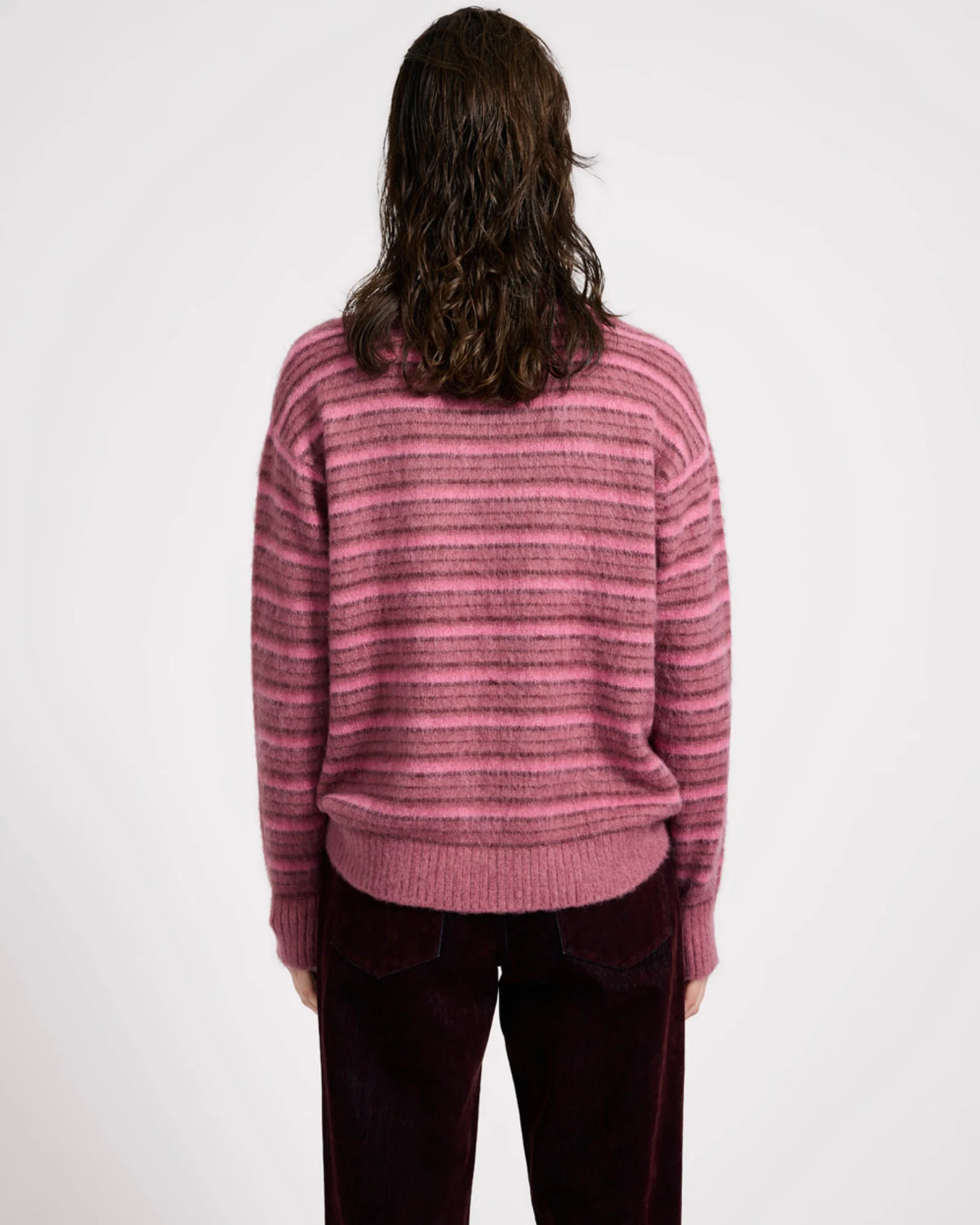 Striped Fluffy Mohair Knit Sweater - Pink Stripe - Image 5
