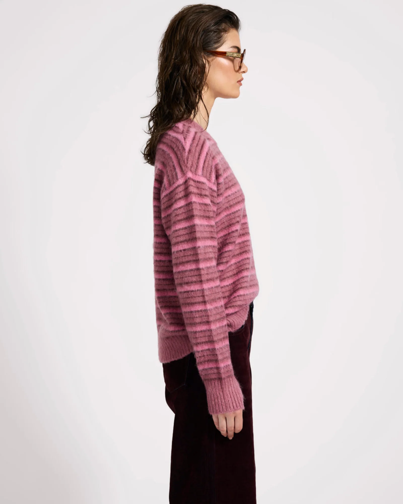 Striped Fluffy Mohair Knit Sweater - Pink Stripe - Image 6