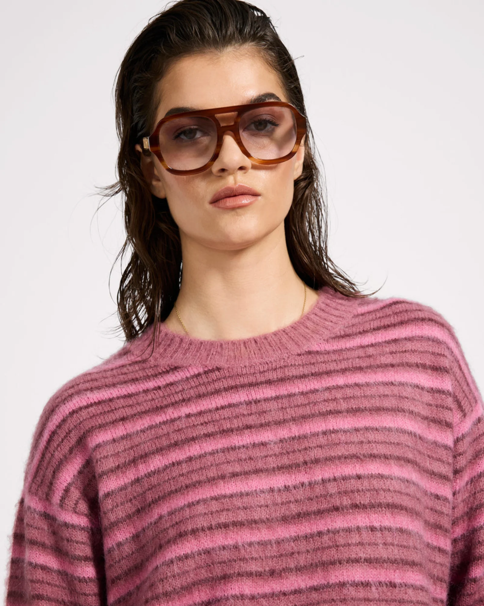 Striped Fluffy Mohair Knit Sweater - Pink Stripe - Image 8