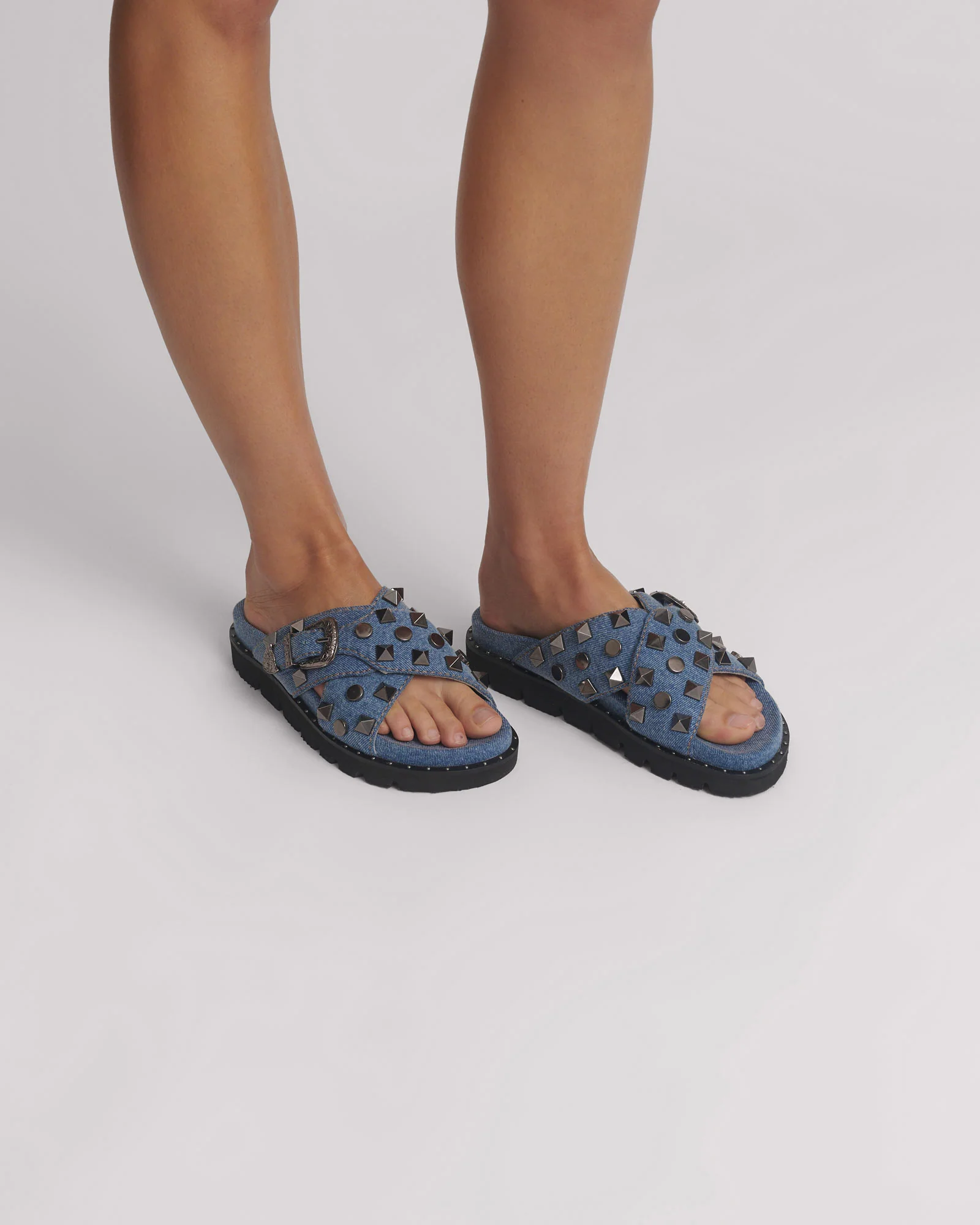 Studded Denim Iggy Slides - Blue - Image 4