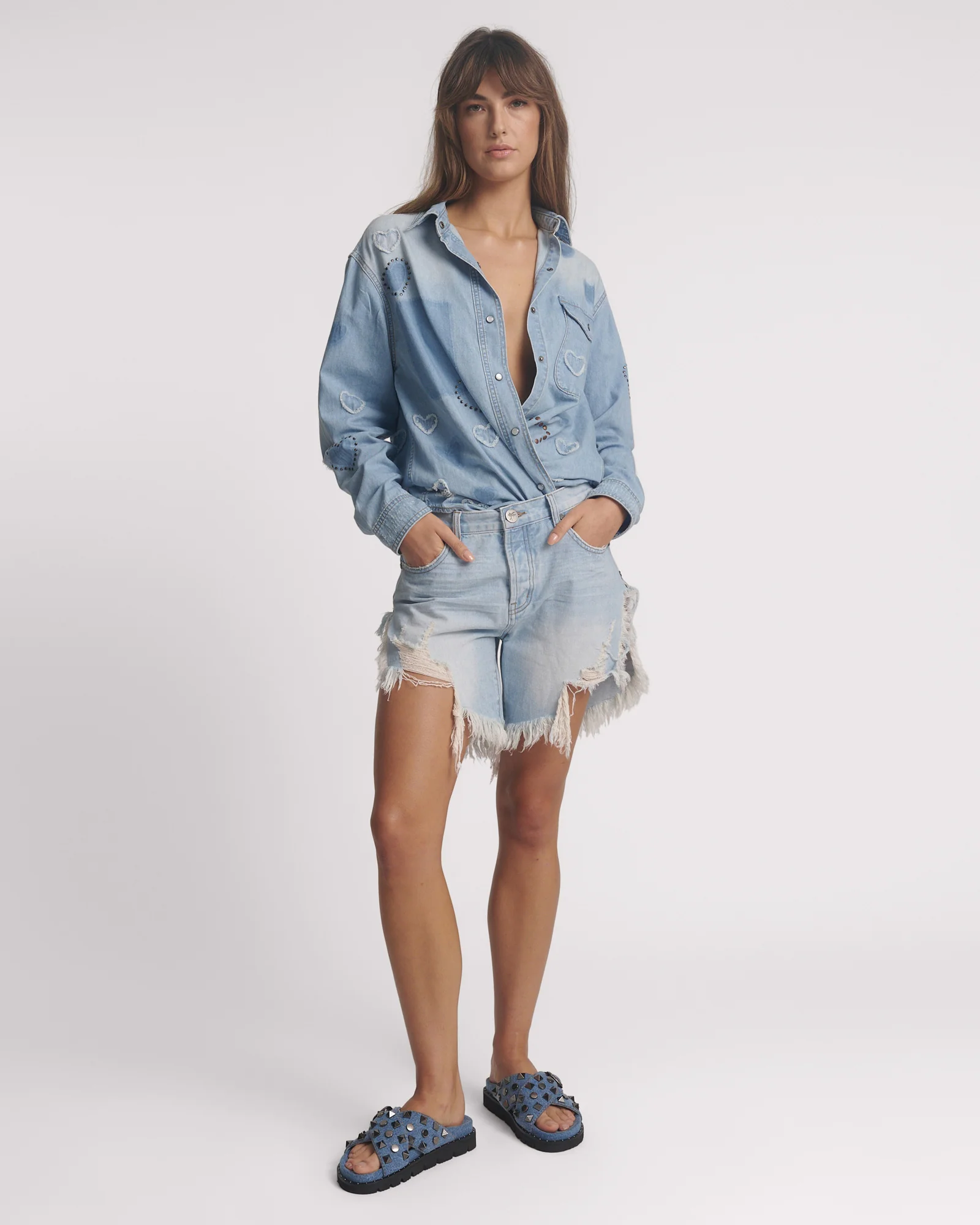 Studded Denim Iggy Slides - Blue - Image 5