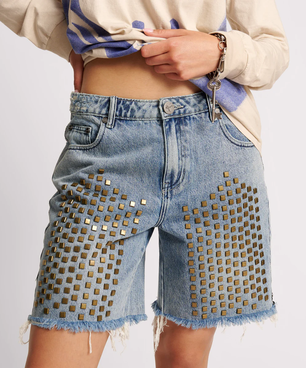 Jacksons Mid Waist Wide Leg Studded Denim Shorts - Salty Dog - Image 3