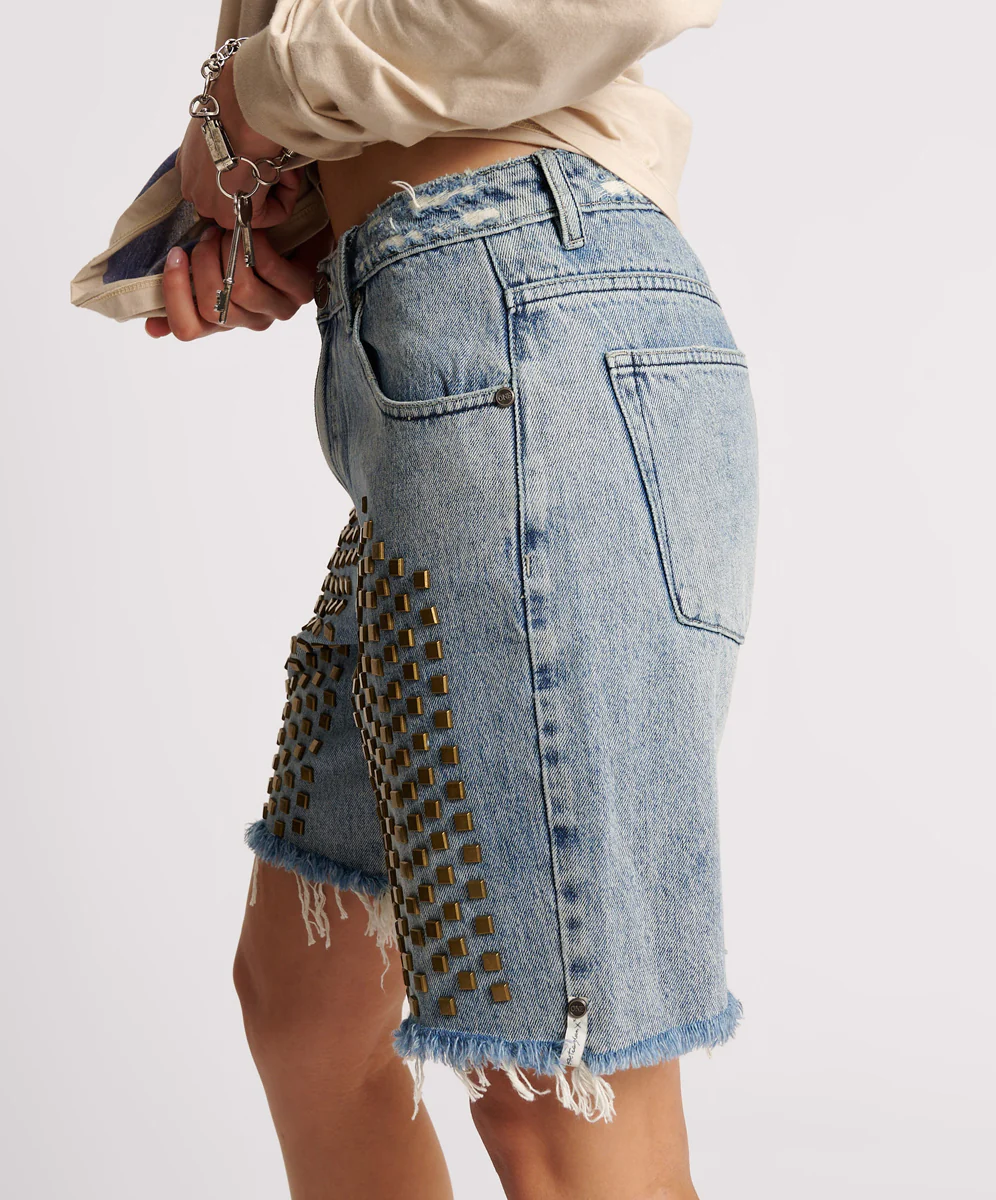 Jacksons Mid Waist Wide Leg Studded Denim Shorts - Salty Dog - Image 4