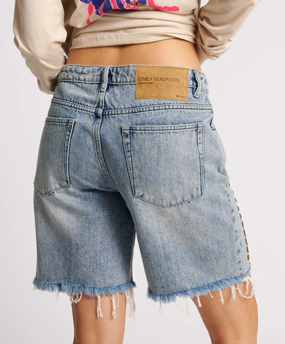 Jacksons Mid Waist Wide Leg Studded Denim Shorts - Salty Dog - Image 5