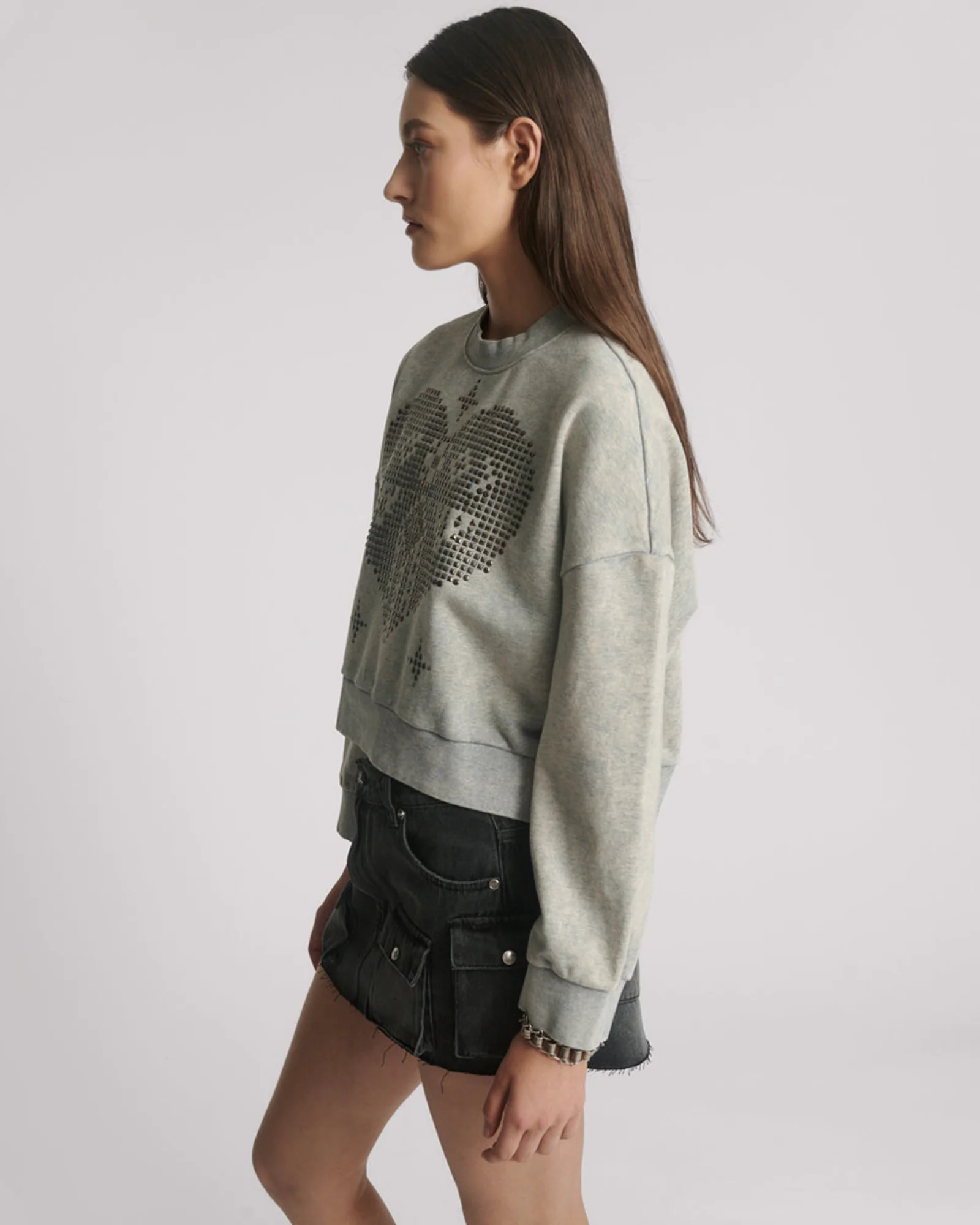 Studded Heart Grey Cropped Sweater - Grey Marl - Image 5