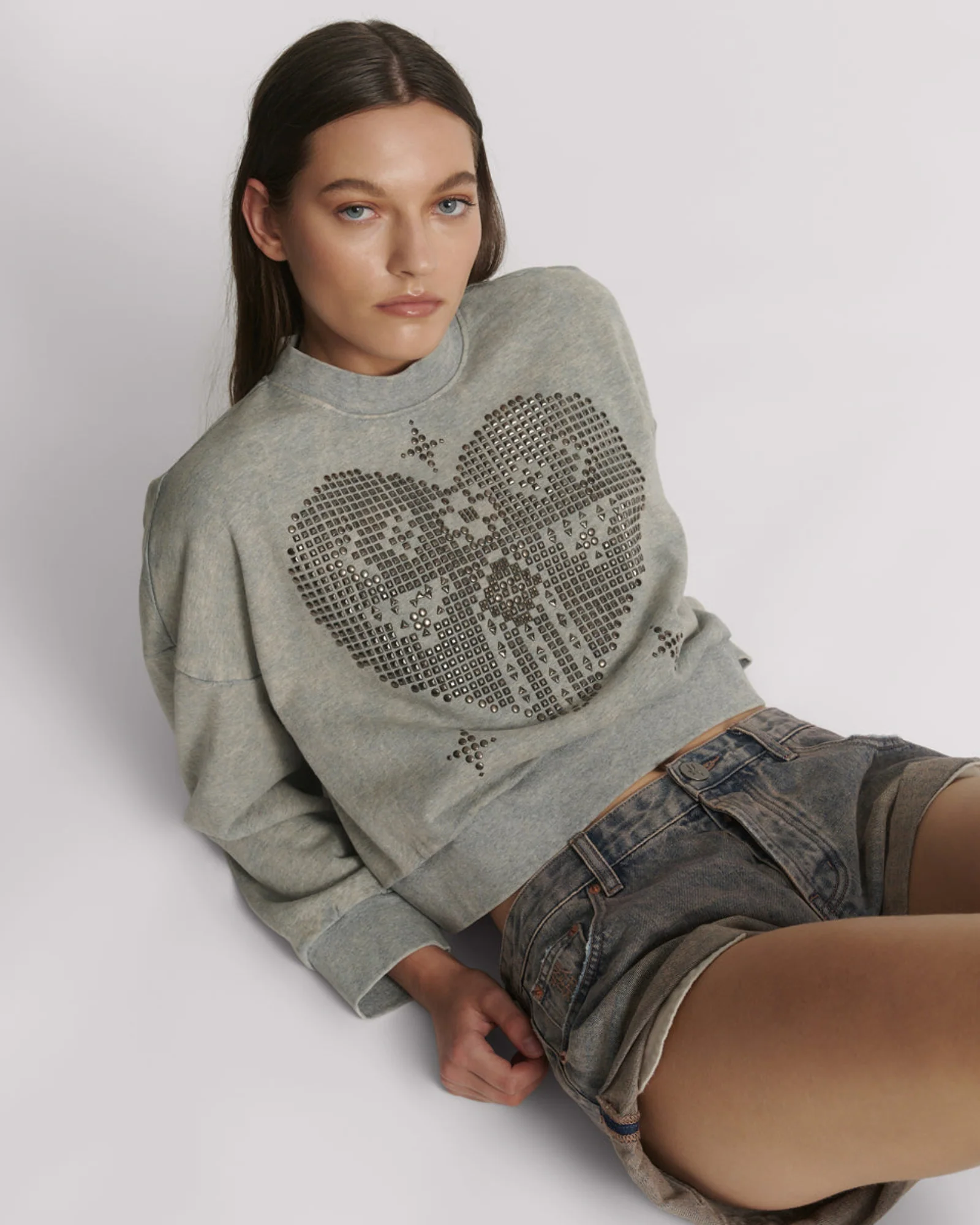 Studded Heart Grey Cropped Sweater - Grey Marl - Image 7