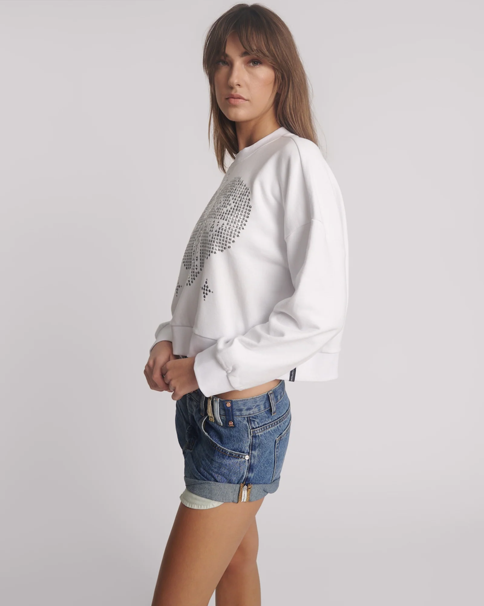 Studded Heart Cropped Sweater - White - Image 2