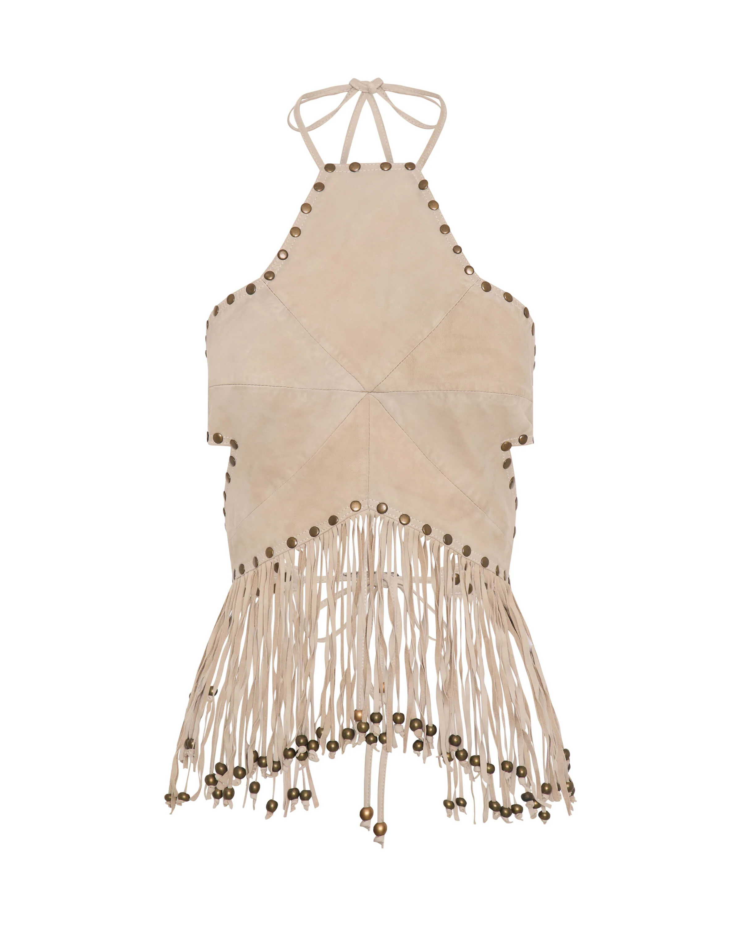 Studded Suede Leather Fringed Star Crop Top - Stone - Image 6