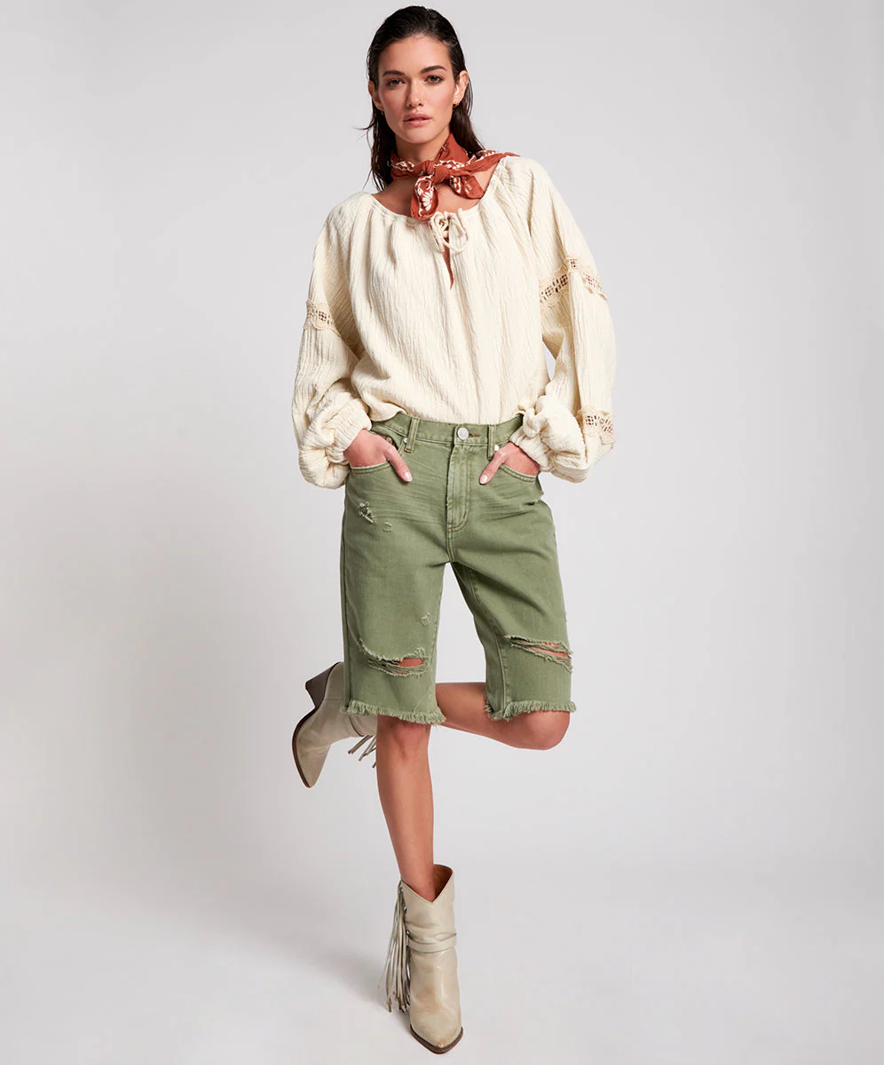 Long Truckers Mid Waist Long-Length Relaxed Denim Shorts - Super Khaki