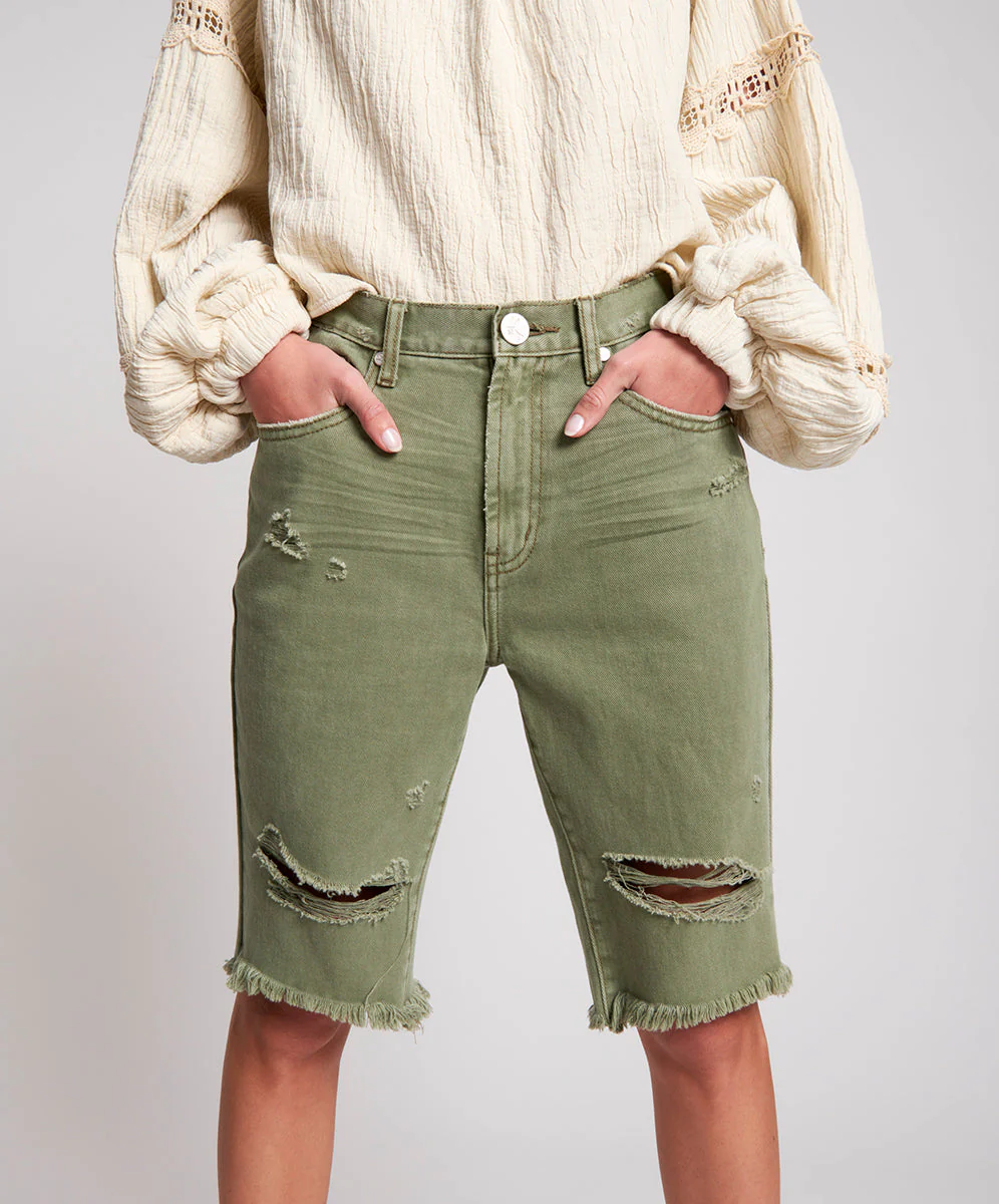 Long Truckers Mid Waist Long-Length Relaxed Denim Shorts - Super Khaki - Image 2