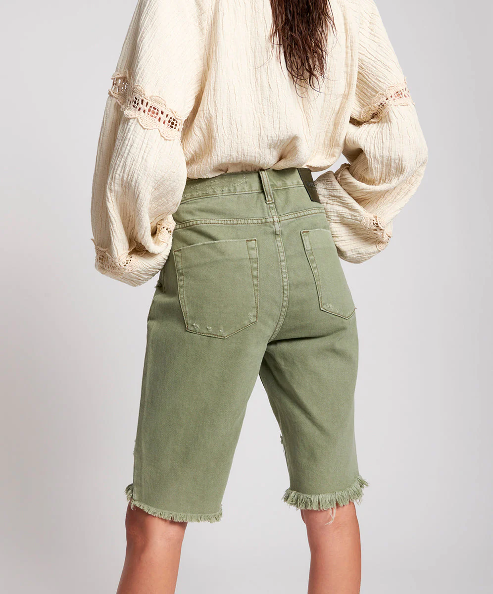 Long Truckers Mid Waist Long-Length Relaxed Denim Shorts - Super Khaki - Image 3