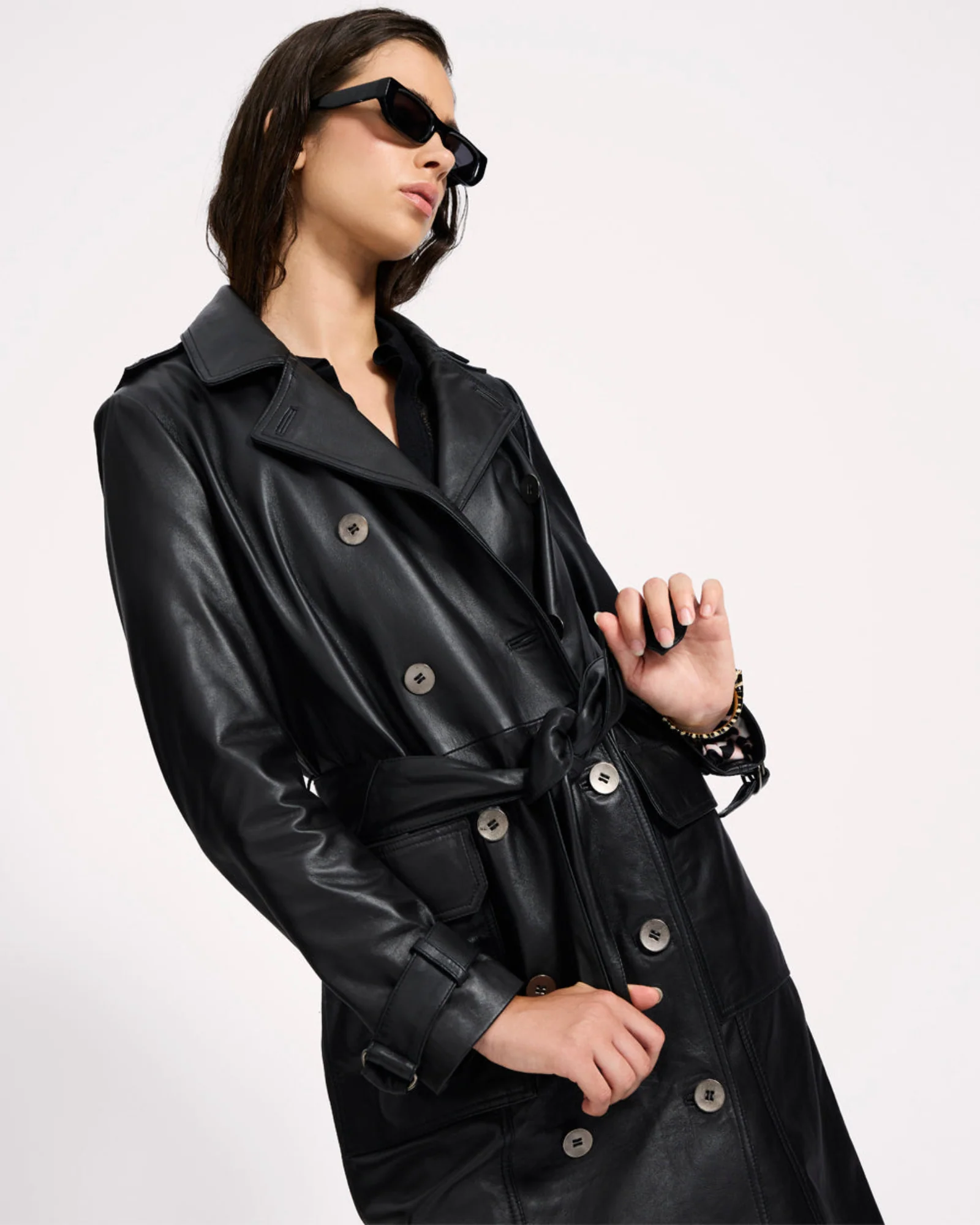 Supermodel Leather Trench Coat - Black - Image 12