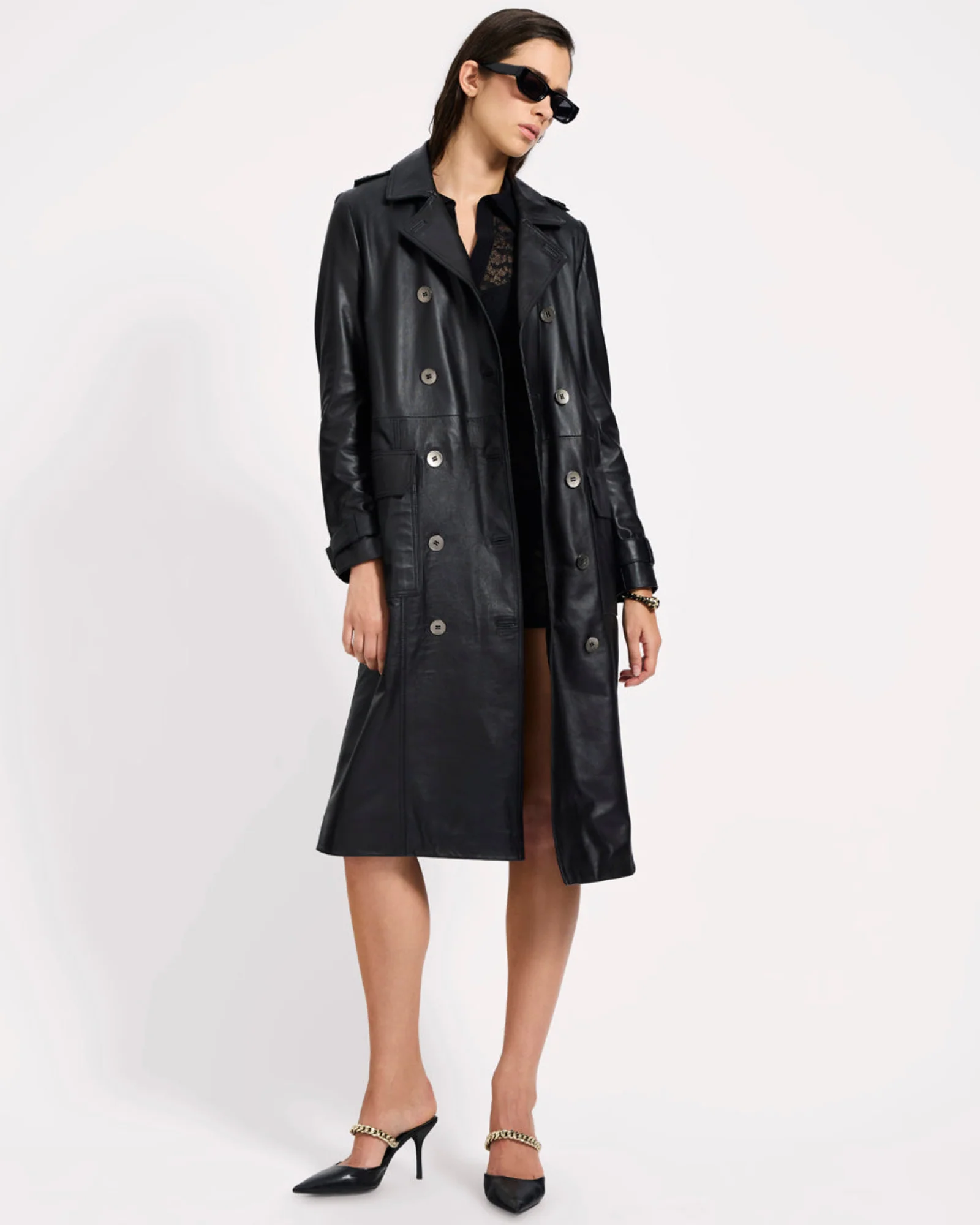 Supermodel Leather Trench Coat - Black - Image 13