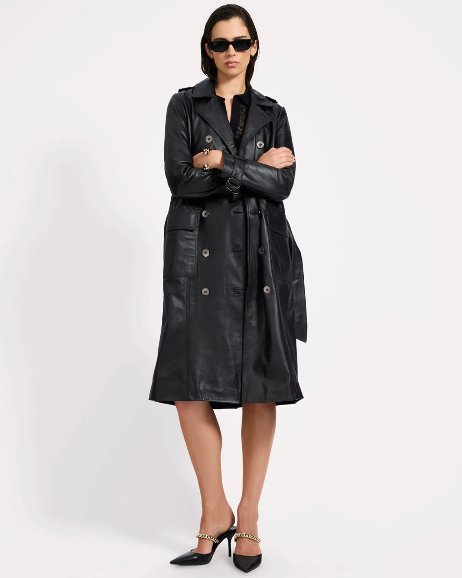Supermodel Leather Trench Coat - Black - Image 7