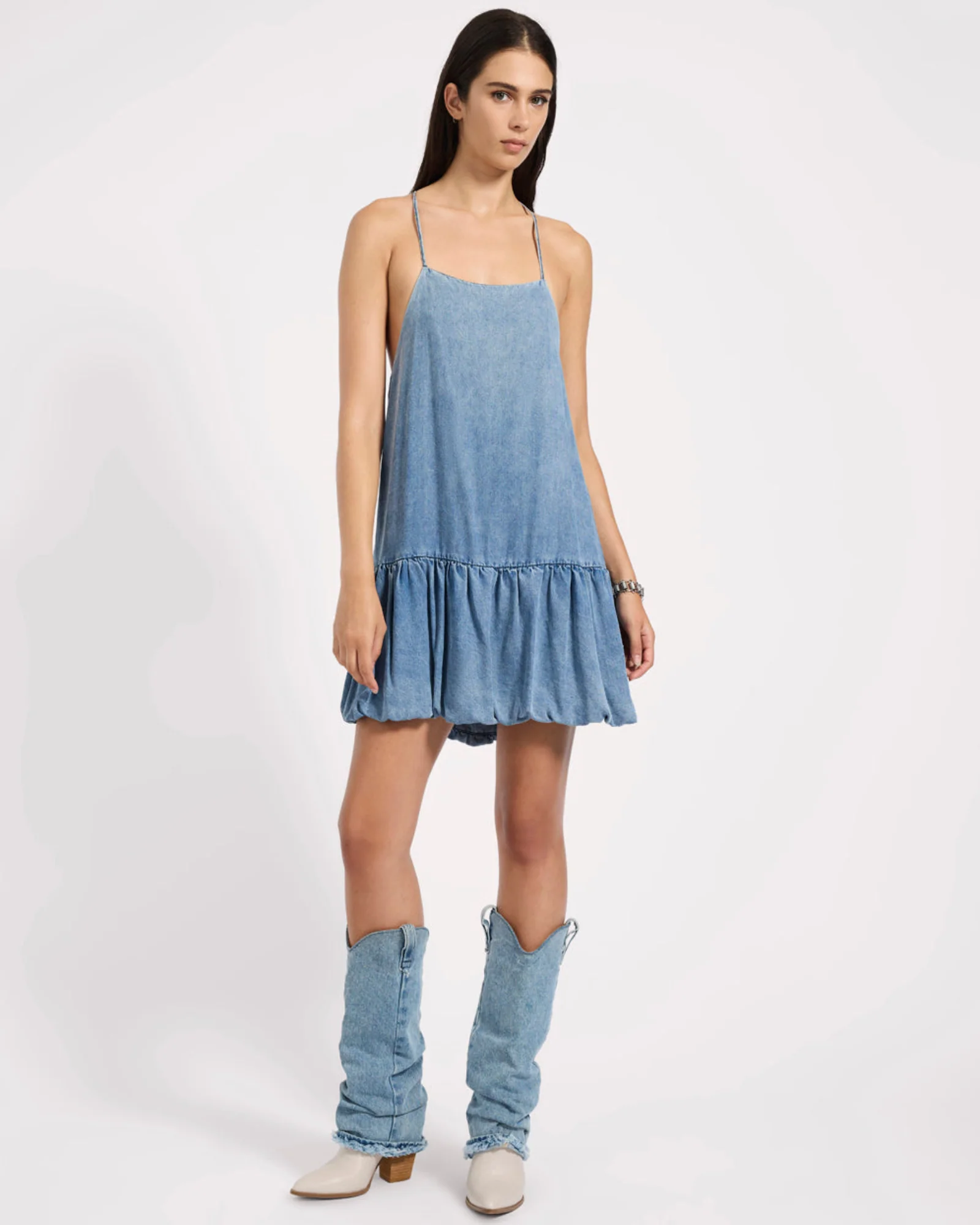 Tencel Bubble Hem Mini Slip Dress - Washed Blue
