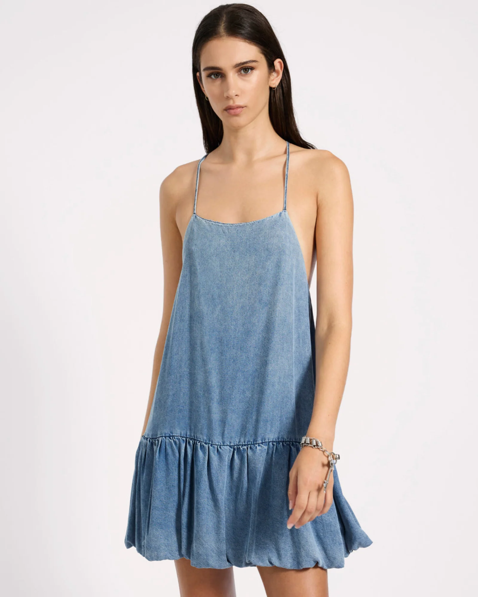 Tencel Bubble Hem Mini Slip Dress - Washed Blue - Image 3