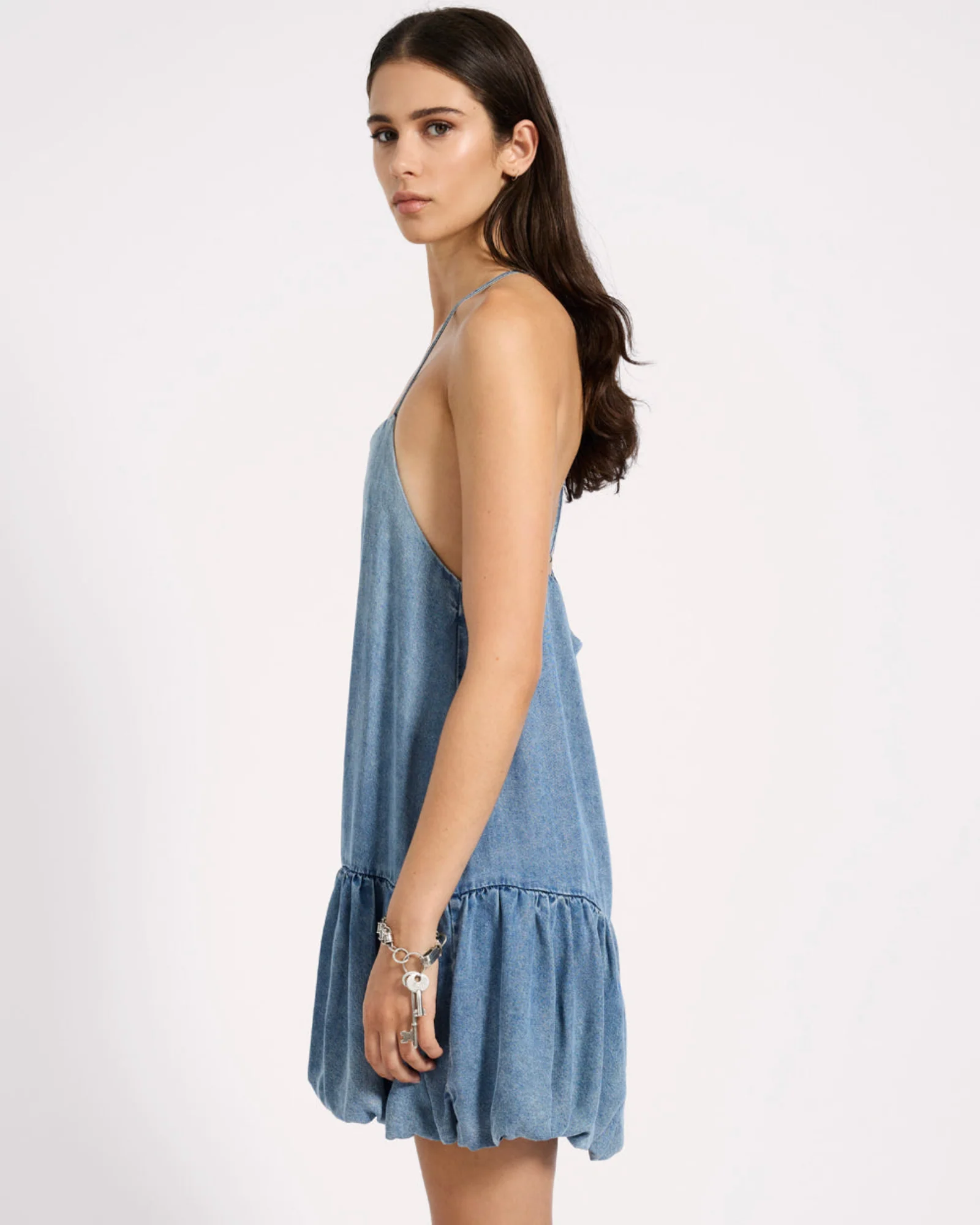 Tencel Bubble Hem Mini Slip Dress - Washed Blue - Image 4