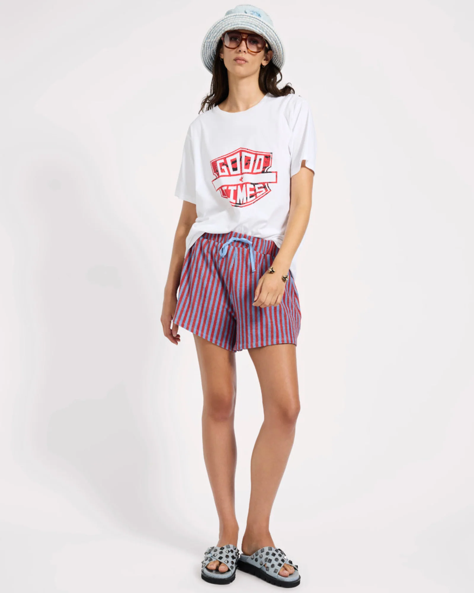 Terry Towel Drawstring Beach Shorts - Red Blue Striped
