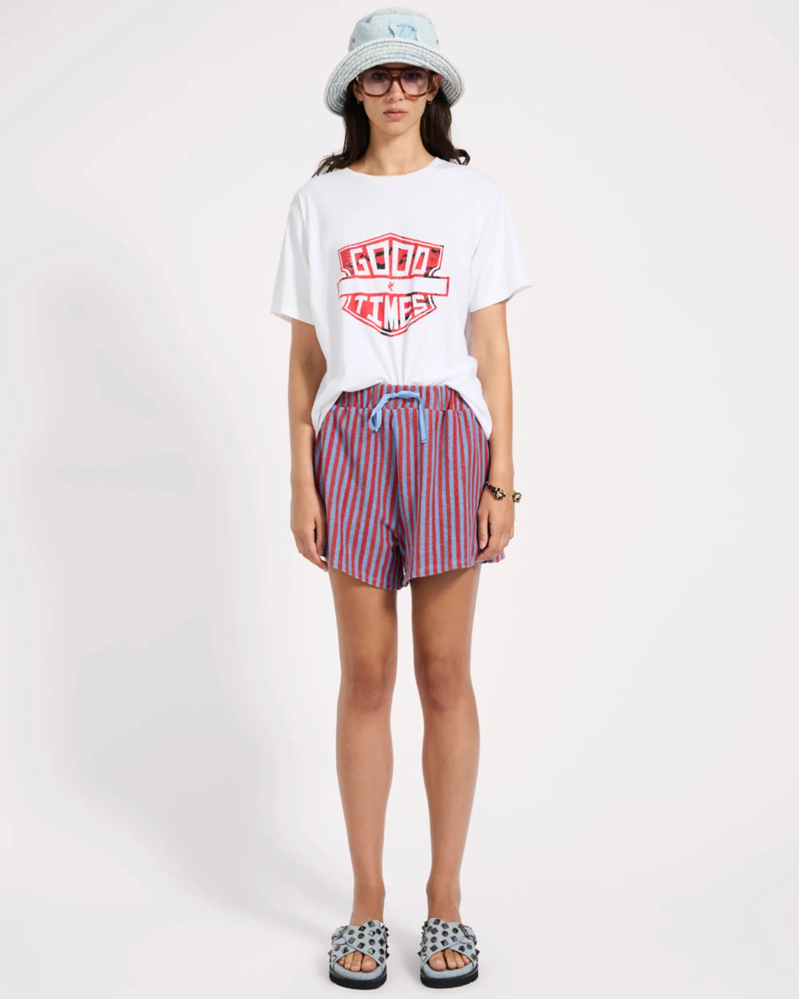 Terry Towel Drawstring Beach Shorts - Red Blue Striped - Image 2