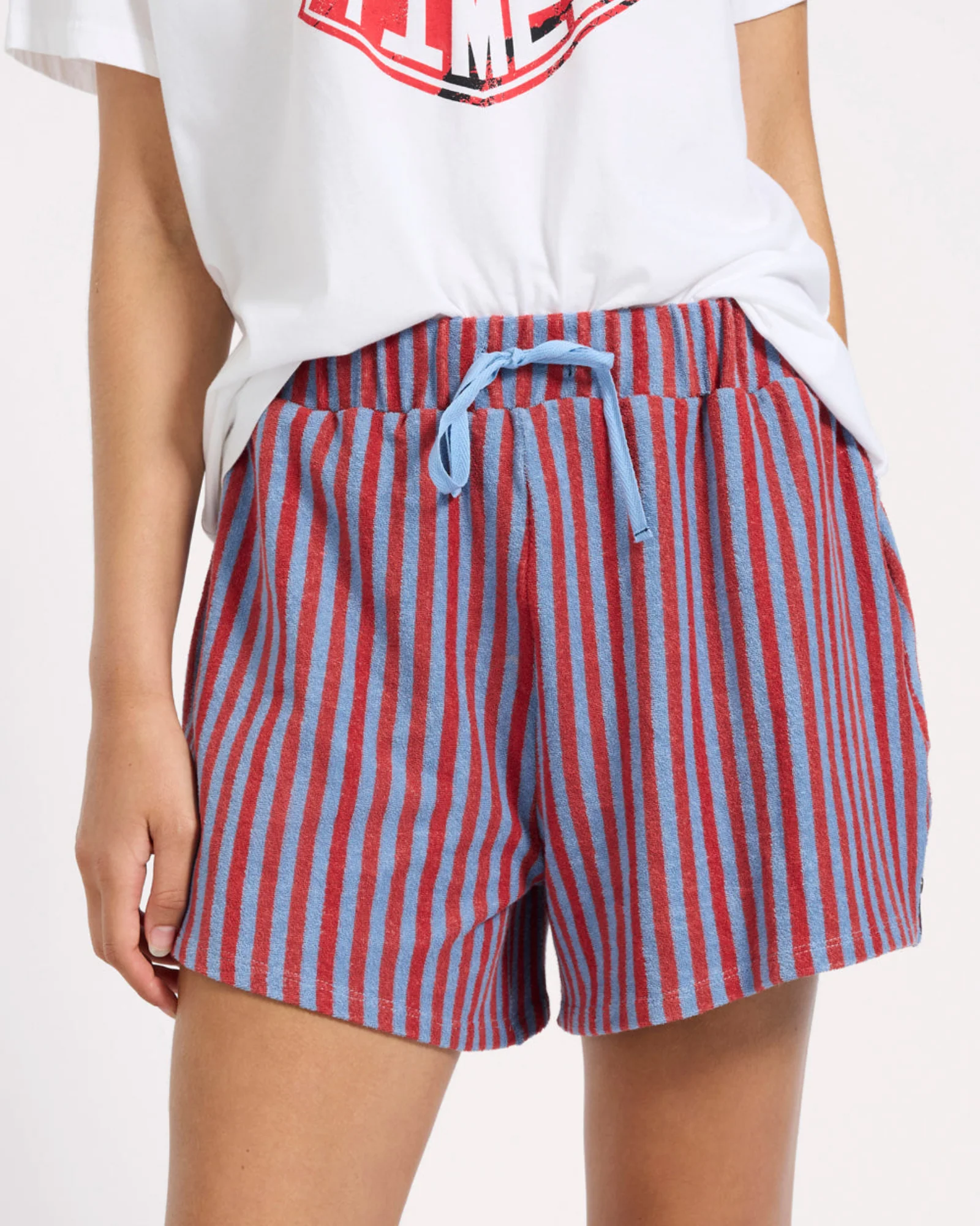Terry Towel Drawstring Beach Shorts - Red Blue Striped - Image 4