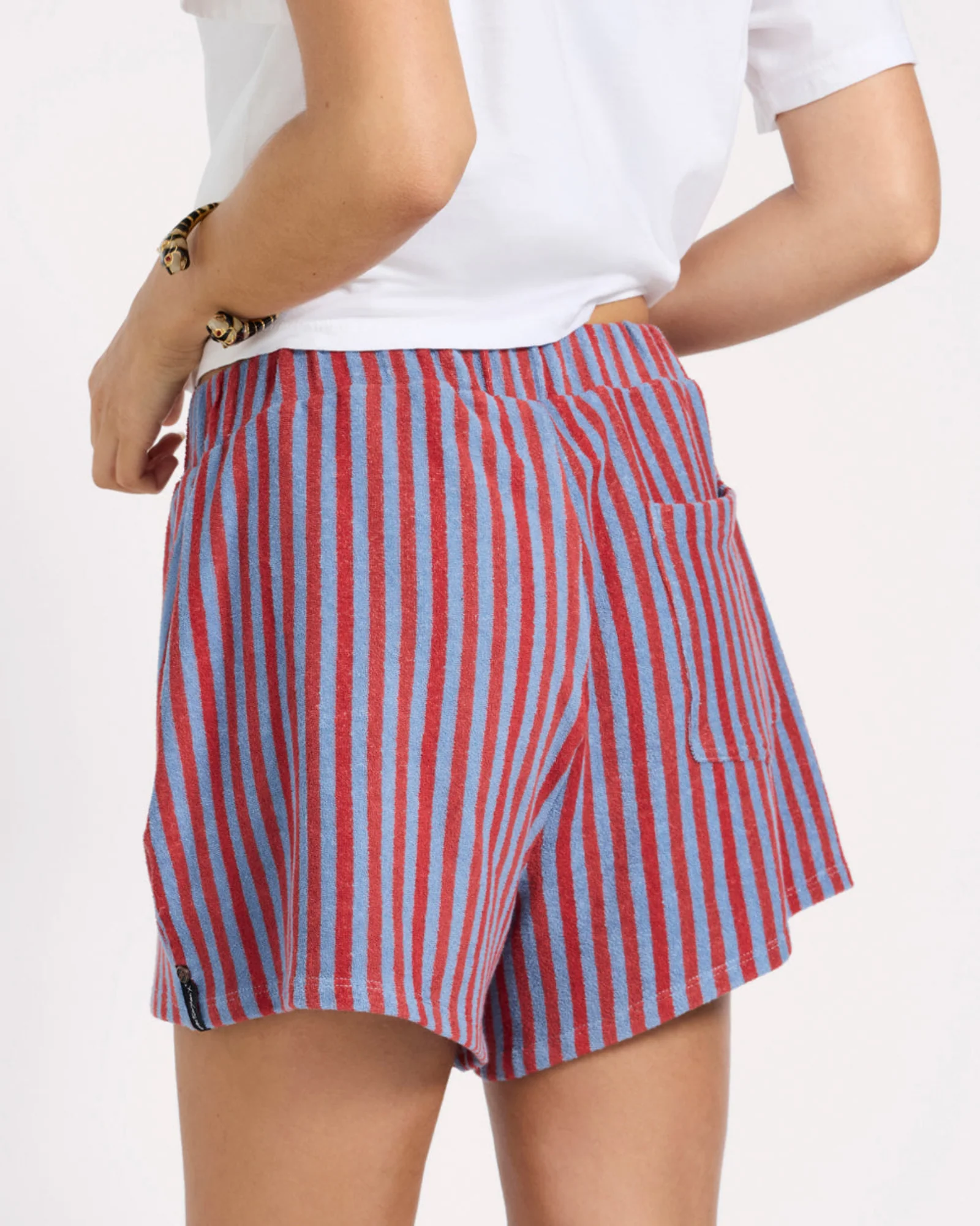 Terry Towel Drawstring Beach Shorts - Red Blue Striped - Image 5
