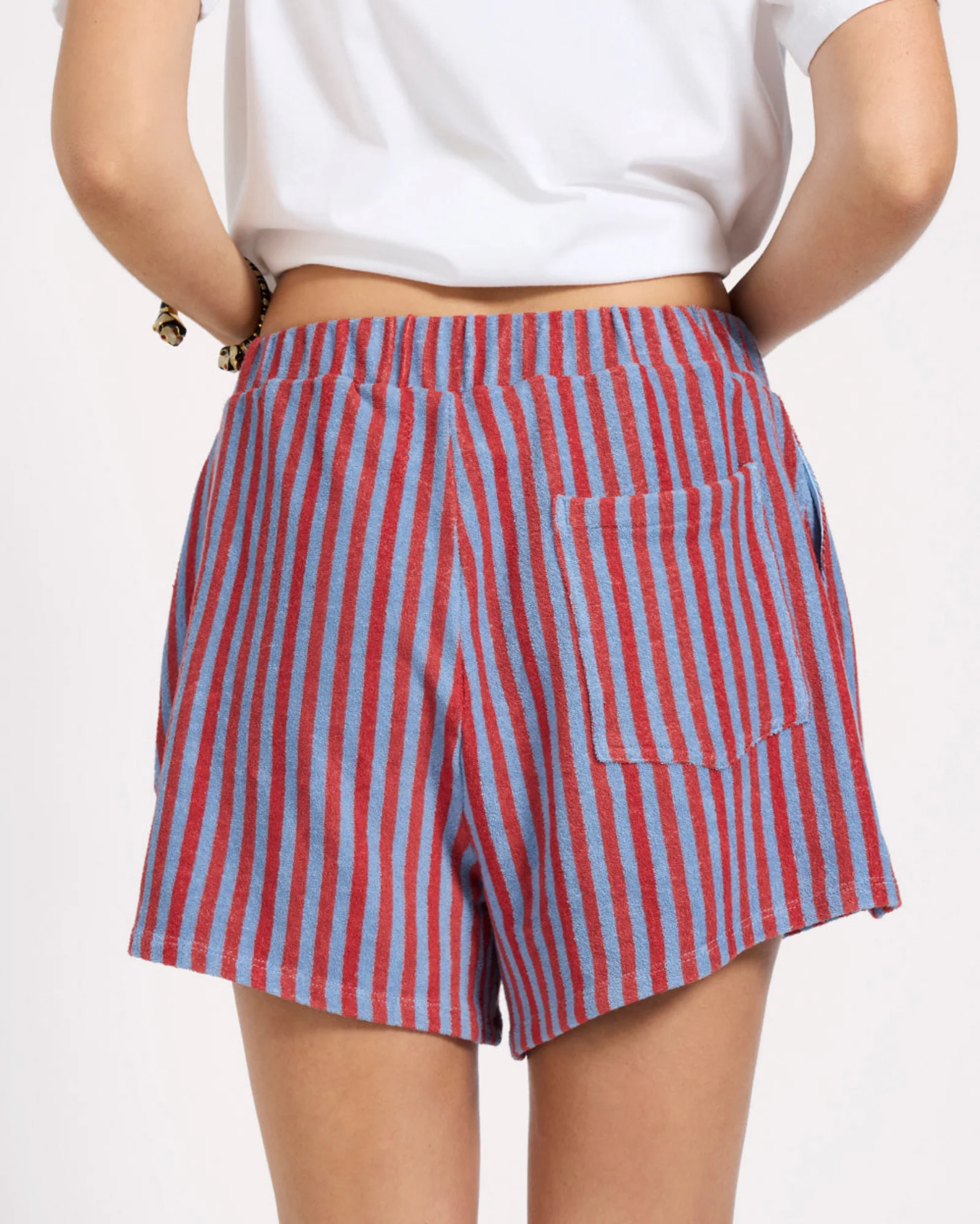 Terry Towel Drawstring Beach Shorts - Red Blue Striped - Image 6
