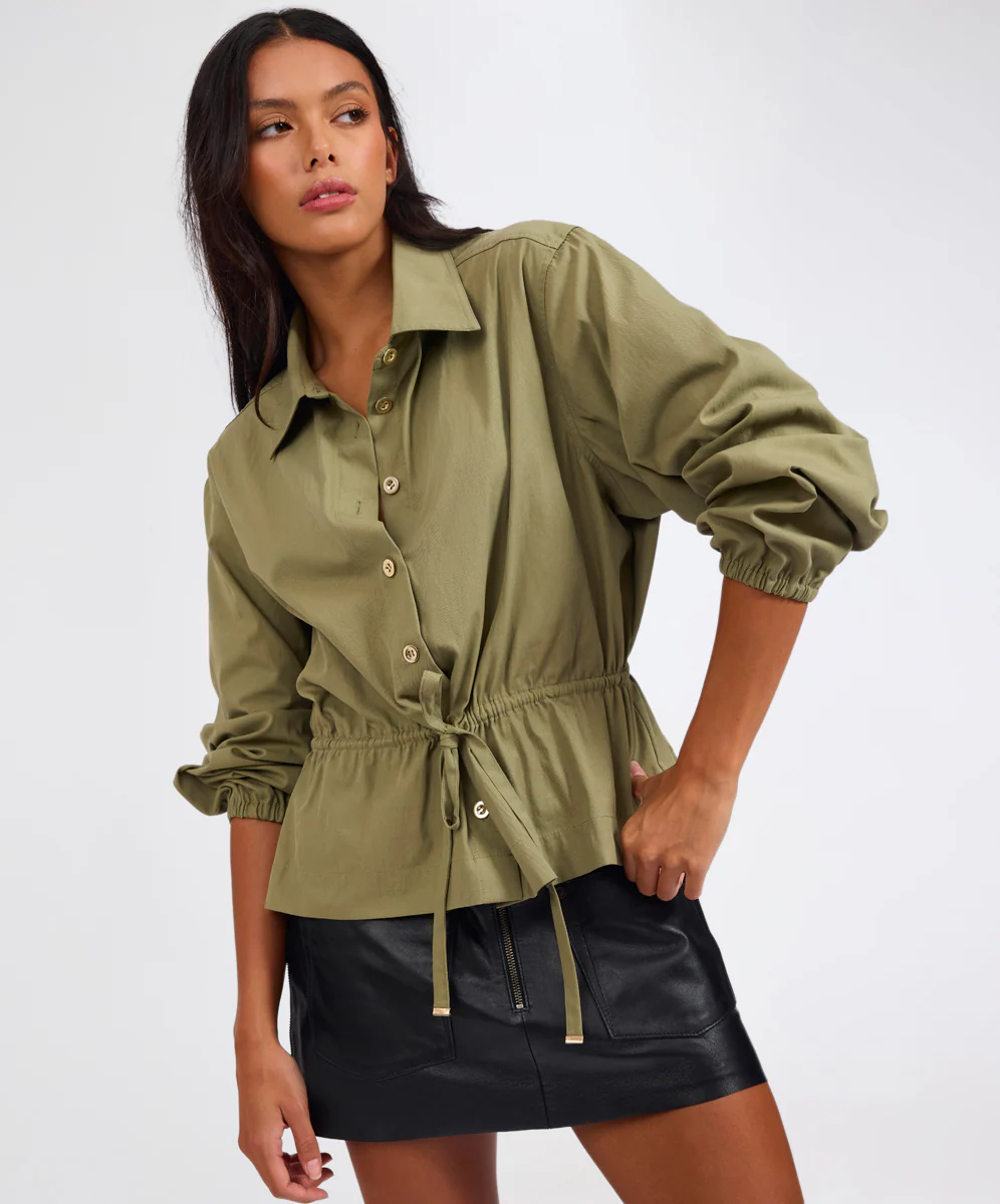 Tie Waist Cotton Shirt - Khaki