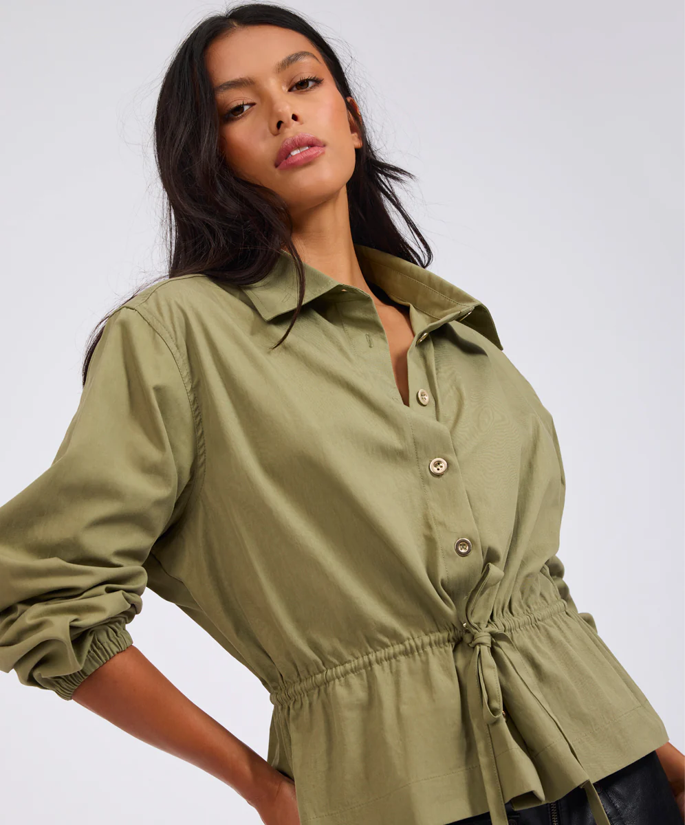 Tie Waist Cotton Shirt - Khaki - Image 10