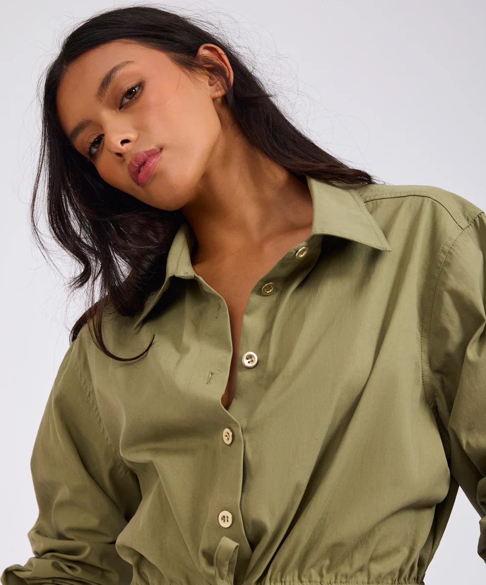 Tie Waist Cotton Shirt - Khaki - Image 11