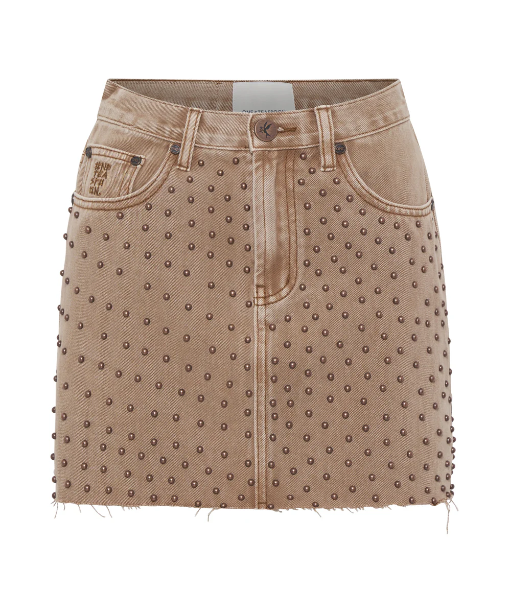 TOBACCO HAND STUDDED 2020 MINI HIGH WAIST DENIM SKIRT - Image 8