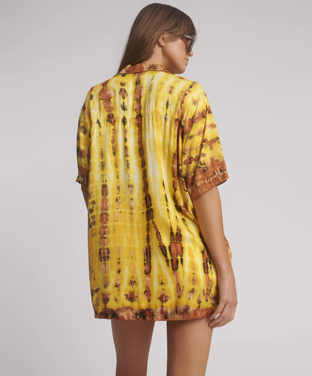 Tropical Satin Hand Printed Short Sleeve Shirt - Yellow - Image 3