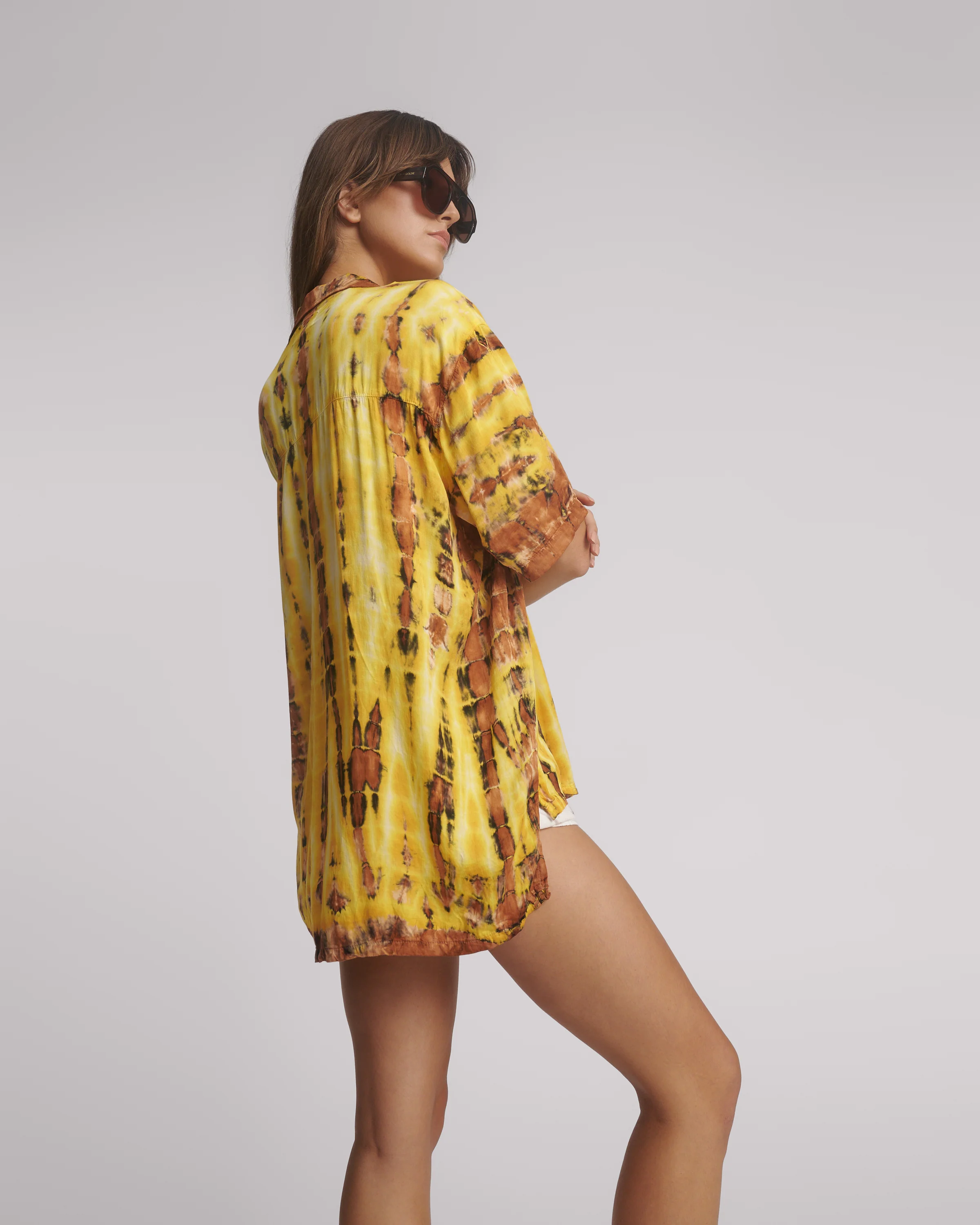 Tropical Satin Hand Printed Short Sleeve Shirt - Yellow - Image 4