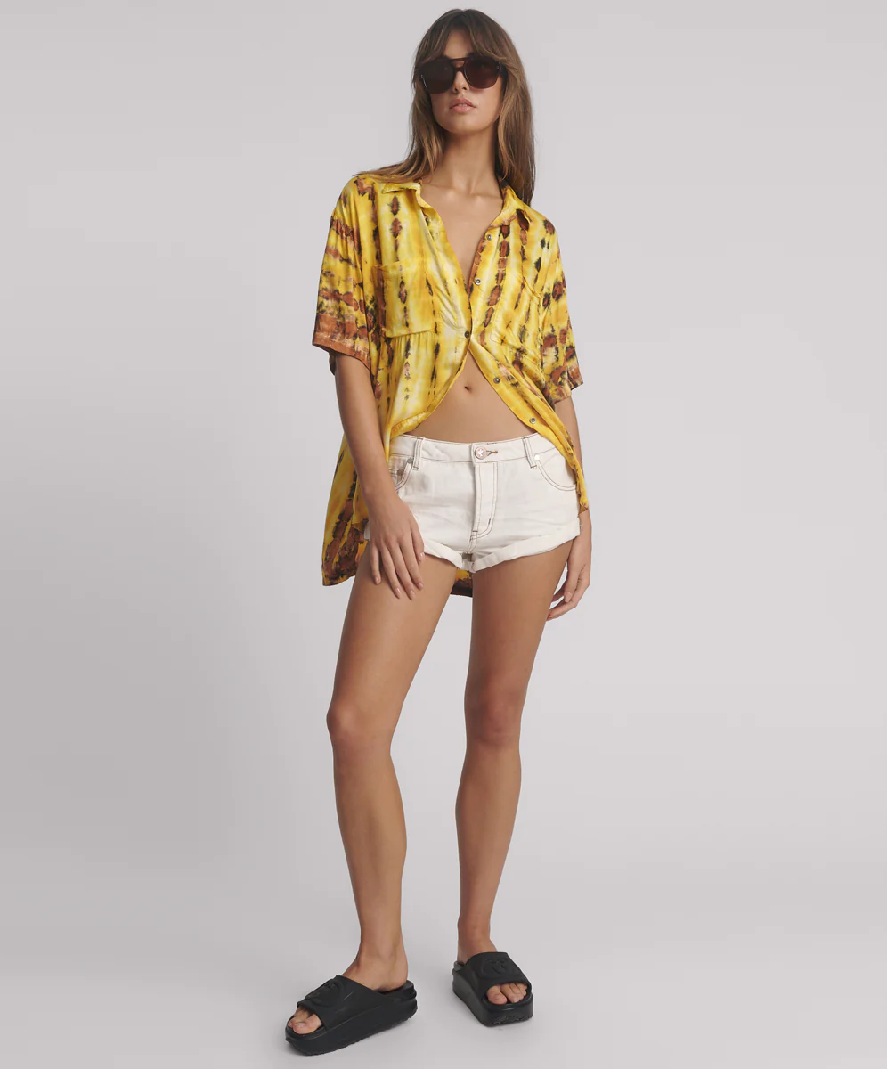 Tropical Satin Hand Printed Short Sleeve Shirt - Yellow - Image 6