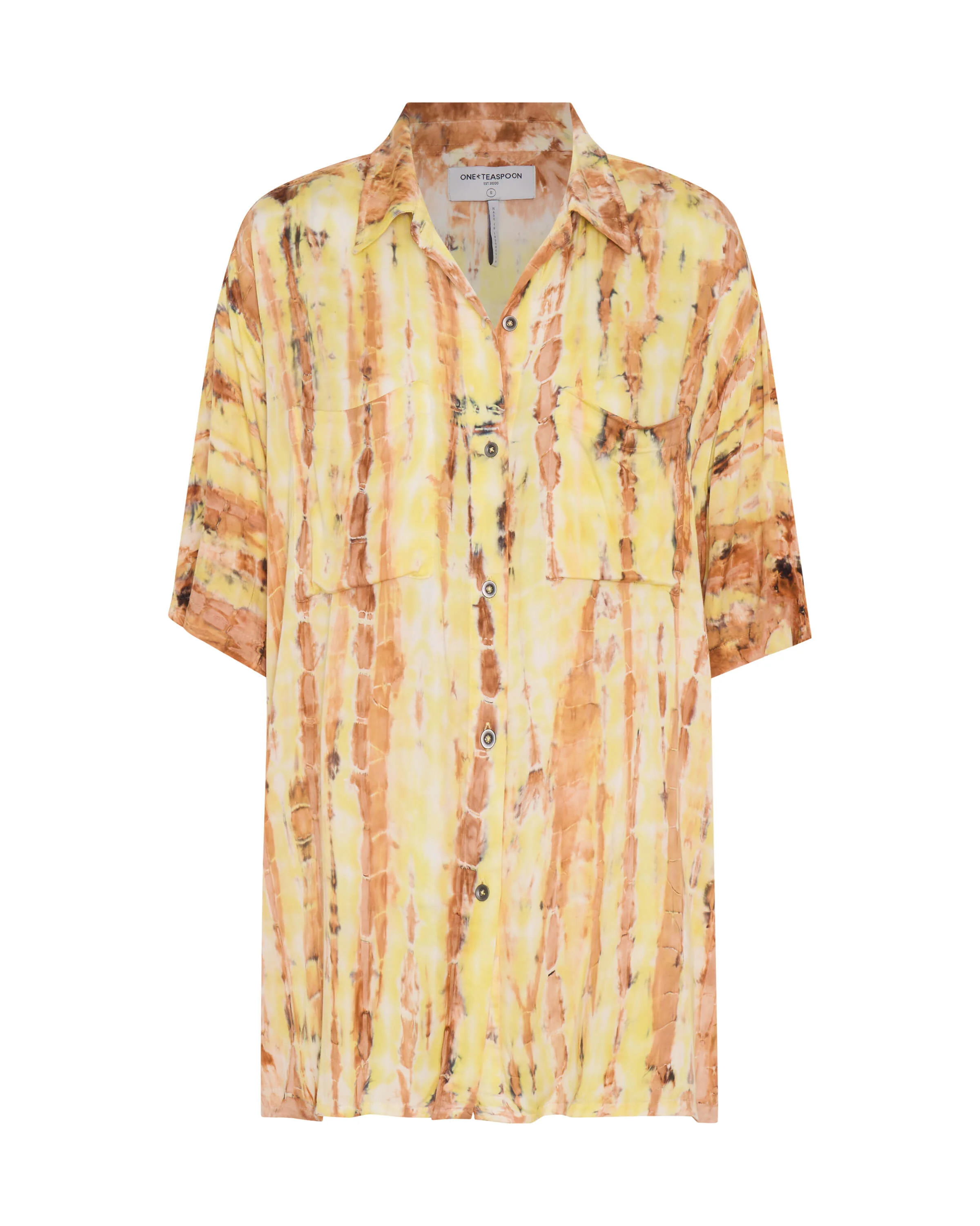 Tropical Satin Hand Printed Short Sleeve Shirt - Yellow - Image 7