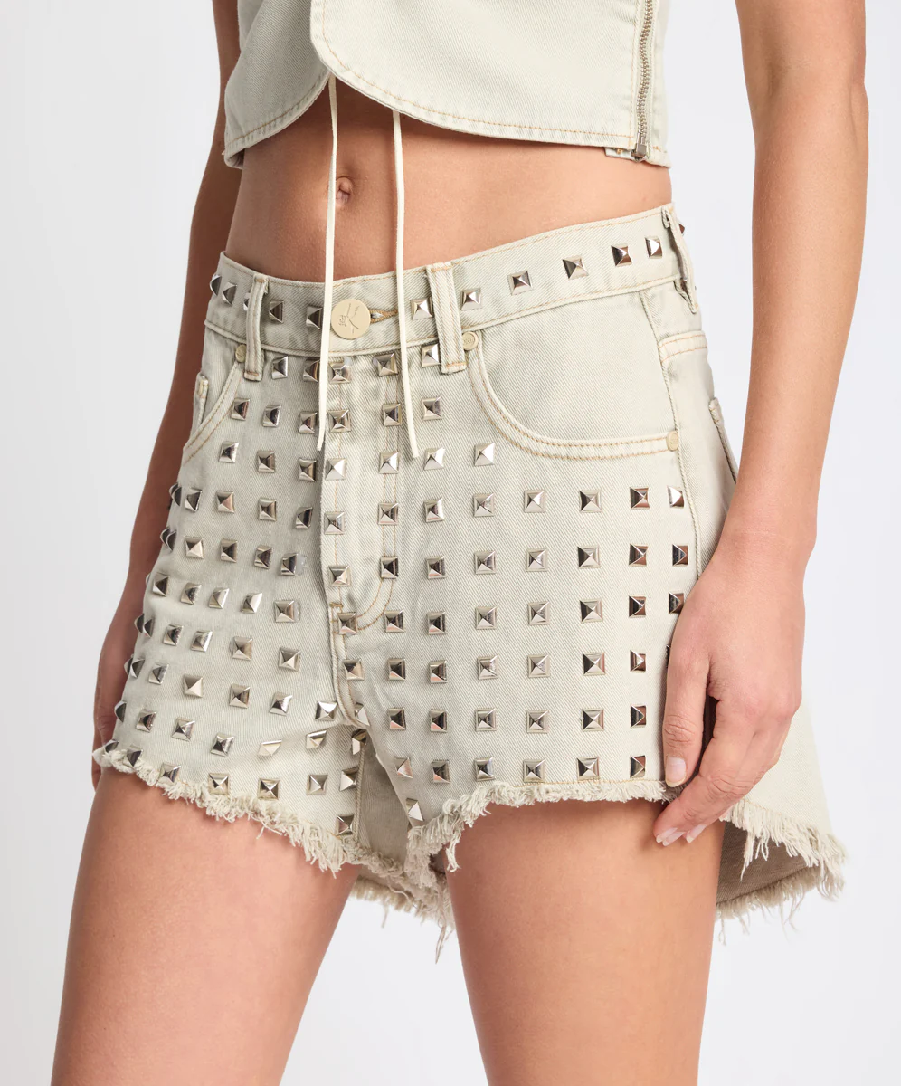 Truckers Mid Waist Studded Denim Shorts - Antique Khaki - Image 11
