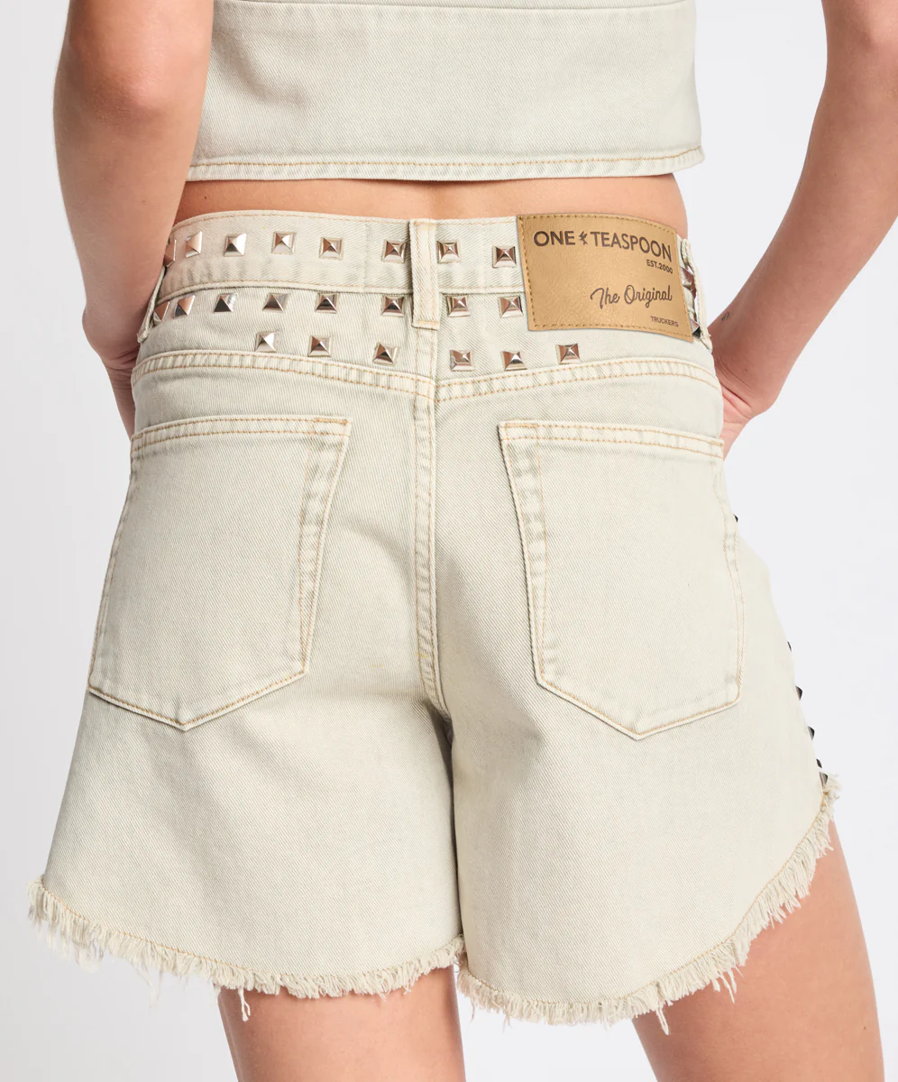 Truckers Mid Waist Studded Denim Shorts - Antique Khaki - Image 8