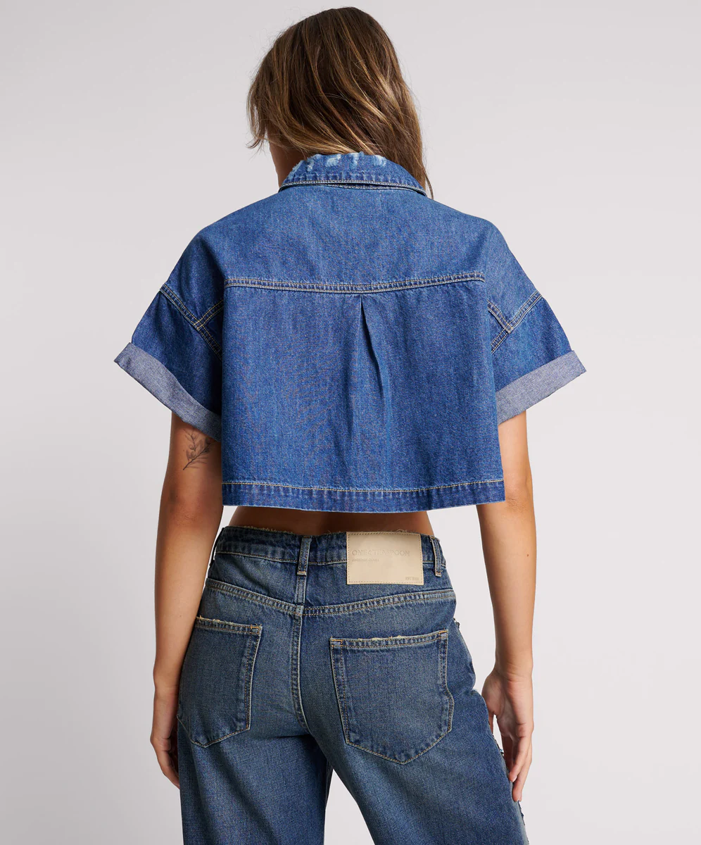 Western Cropped Denim Shirt - True Blue - Image 3
