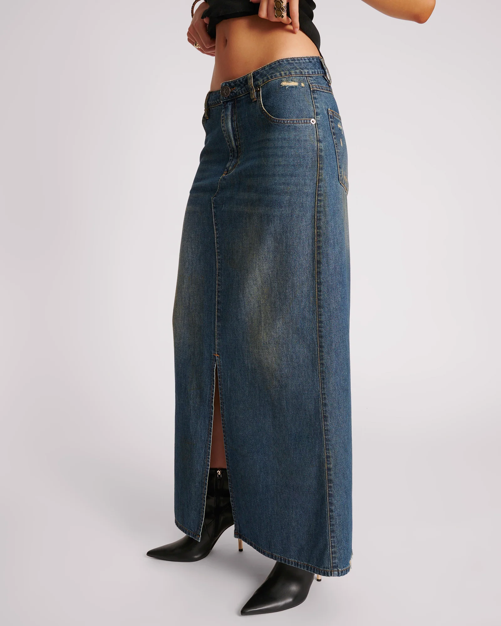 Denim Low Waist Column Skirt - Used Blue - Image 3