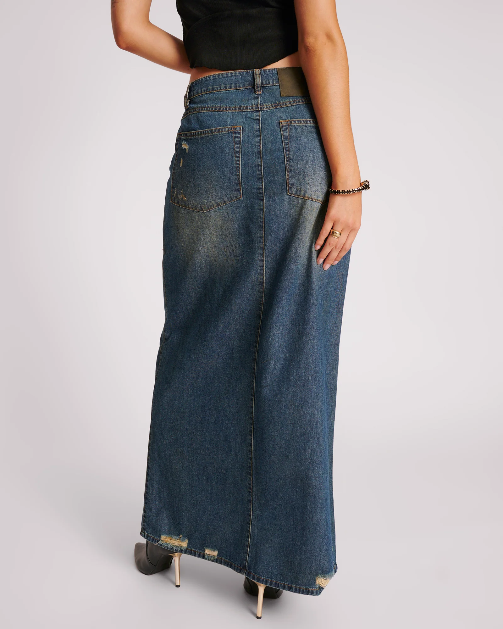 Denim Low Waist Column Skirt - Used Blue - Image 4