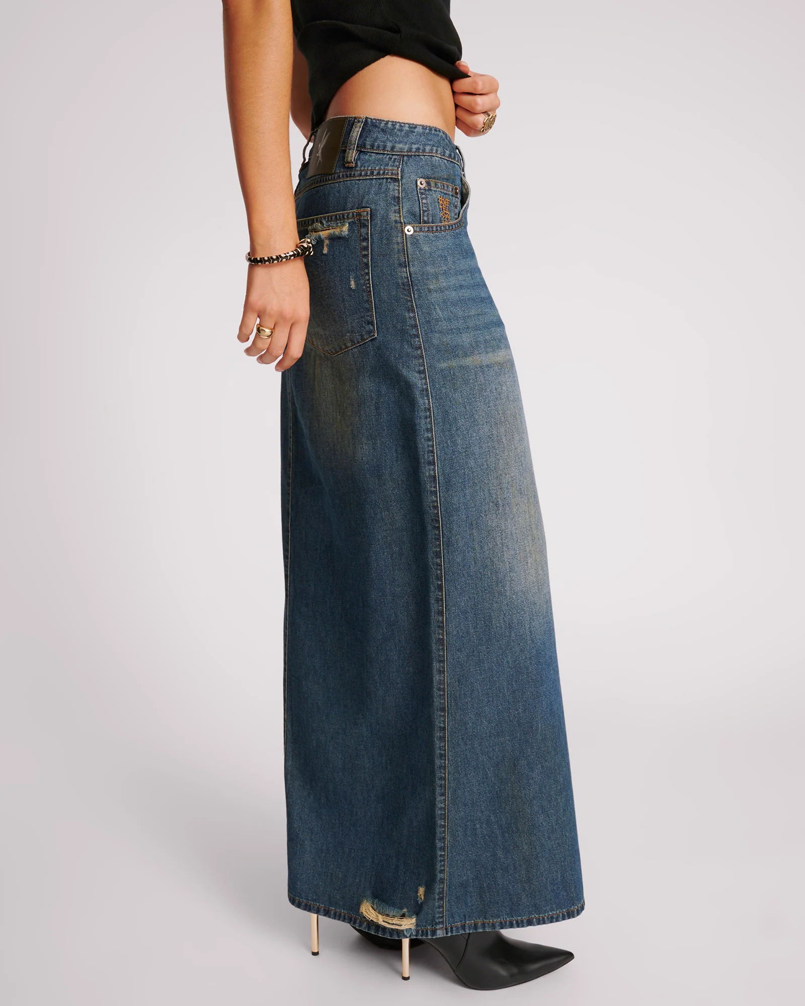 Denim Low Waist Column Skirt - Used Blue - Image 5